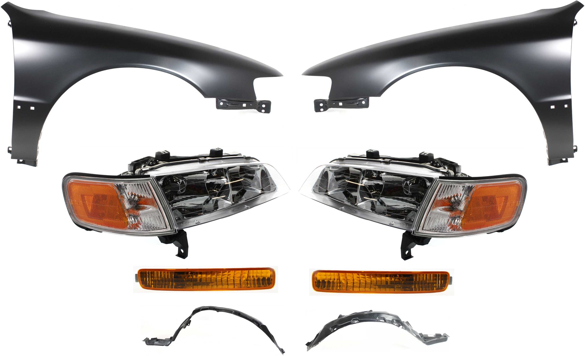 Headlight Assembly Kit for 1996-1997 Honda Accord, Right (Passenger) and Left (Driver), Halogen, 8-Piece with Fender Liners, Fenders, Turn Signal Lights, Replacement