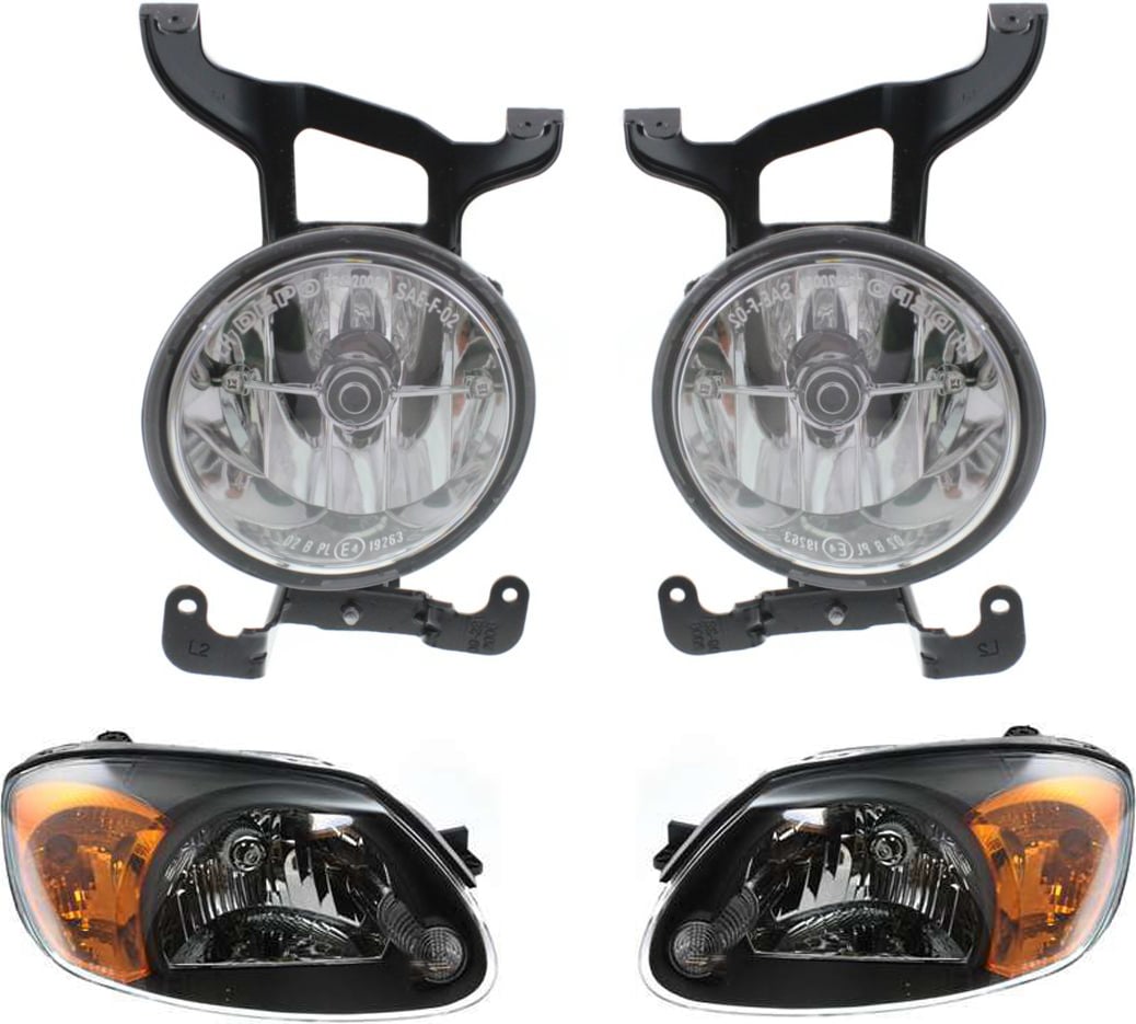 Headlight Assembly Kit for 2003-2006 Hyundai Accent, Right (Passenger) and Left (Driver), Halogen, 4-Piece with Fog Lights, Replacement