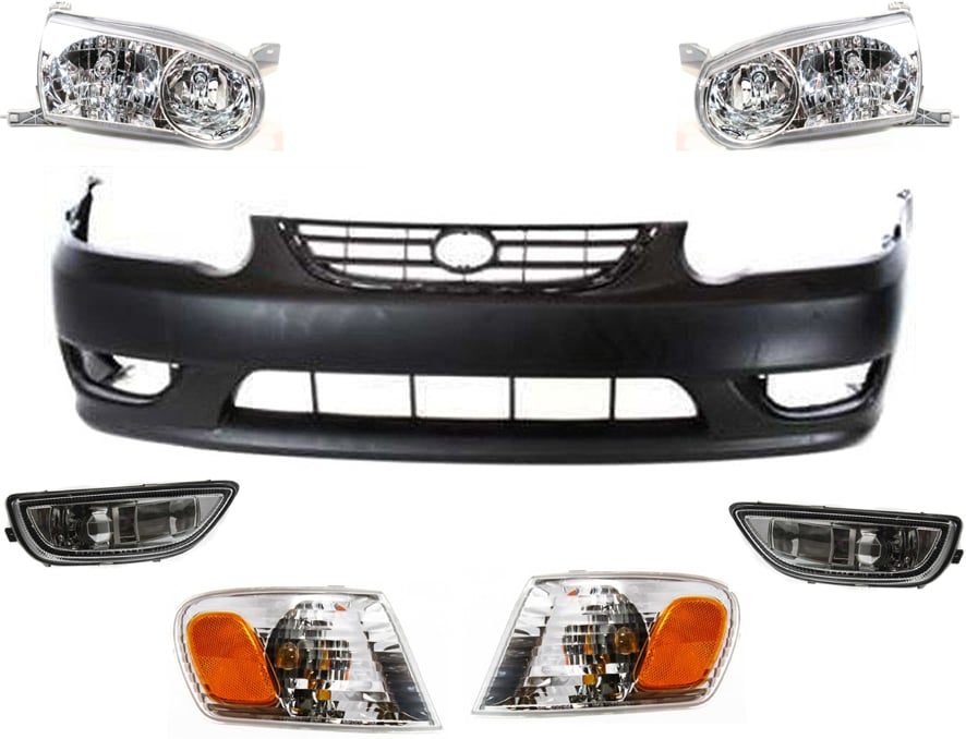 Front Bumper Cover Kit for 2001-2002 Toyota Corolla, 7-Piece with Corner Lights, Fog Lights, and Headlights Replacement