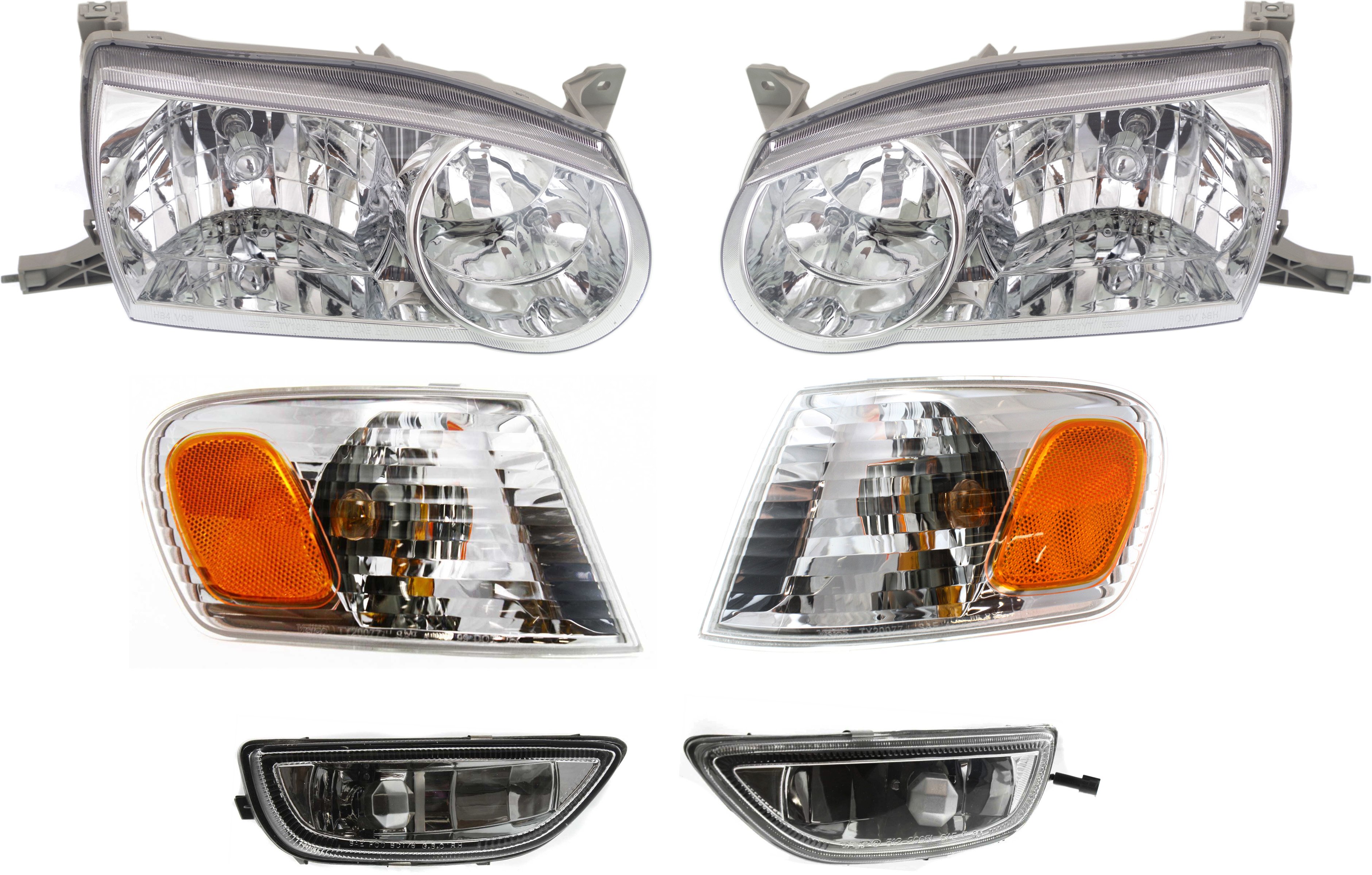 Headlight Assembly Kit for 2001-2002 Toyota Corolla, Right (Passenger) and Left (Driver), Halogen, 6-Piece with Corner and Fog Lights, Replacement