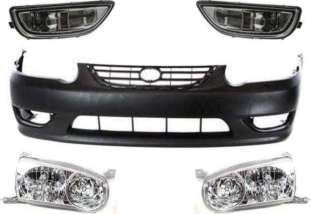 Front Bumper Cover Kit for 2001-2002 Toyota Corolla, Primed (Ready to Paint), 5-Piece with Fog Lights and Headlights, Replacement