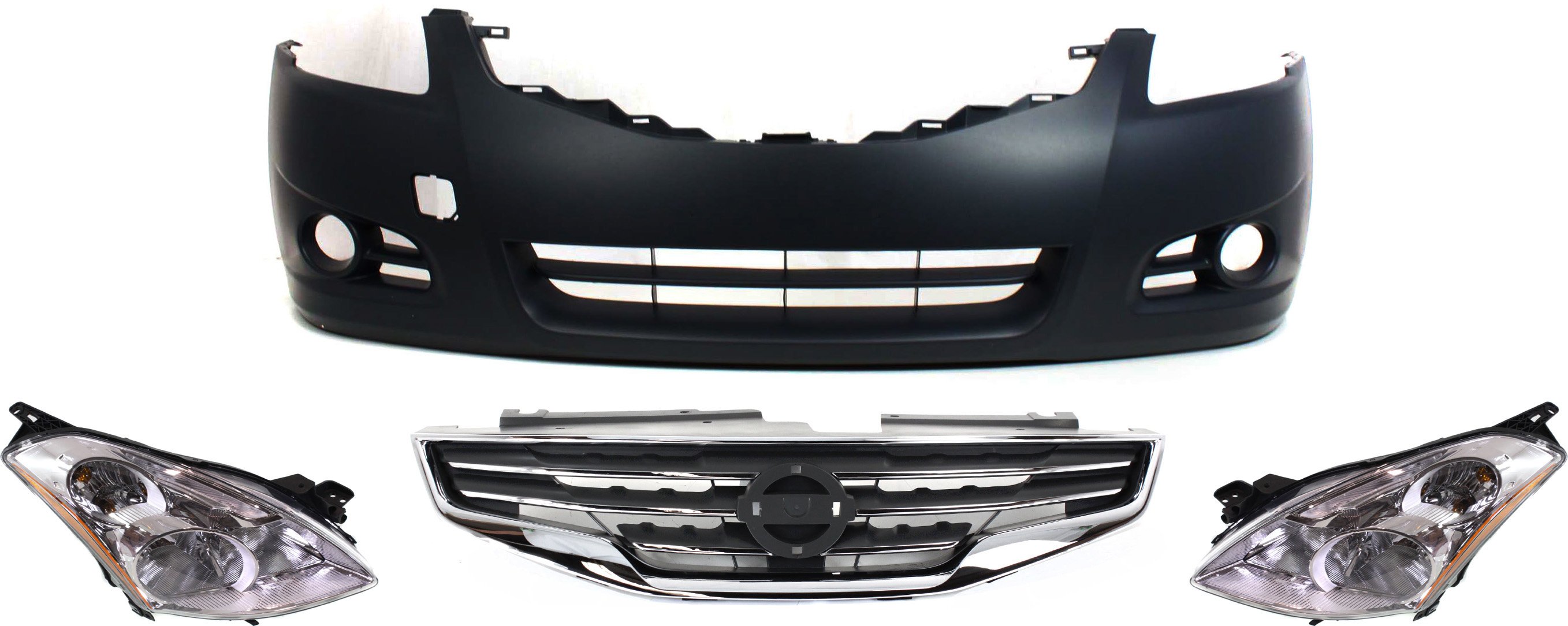 Headlight Assembly for Nissan Altima 2010-2012, Right (Passenger) and Left (Driver), Halogen, 4-Piece kit with Bumper Cover and Grille Assembly, Replacement