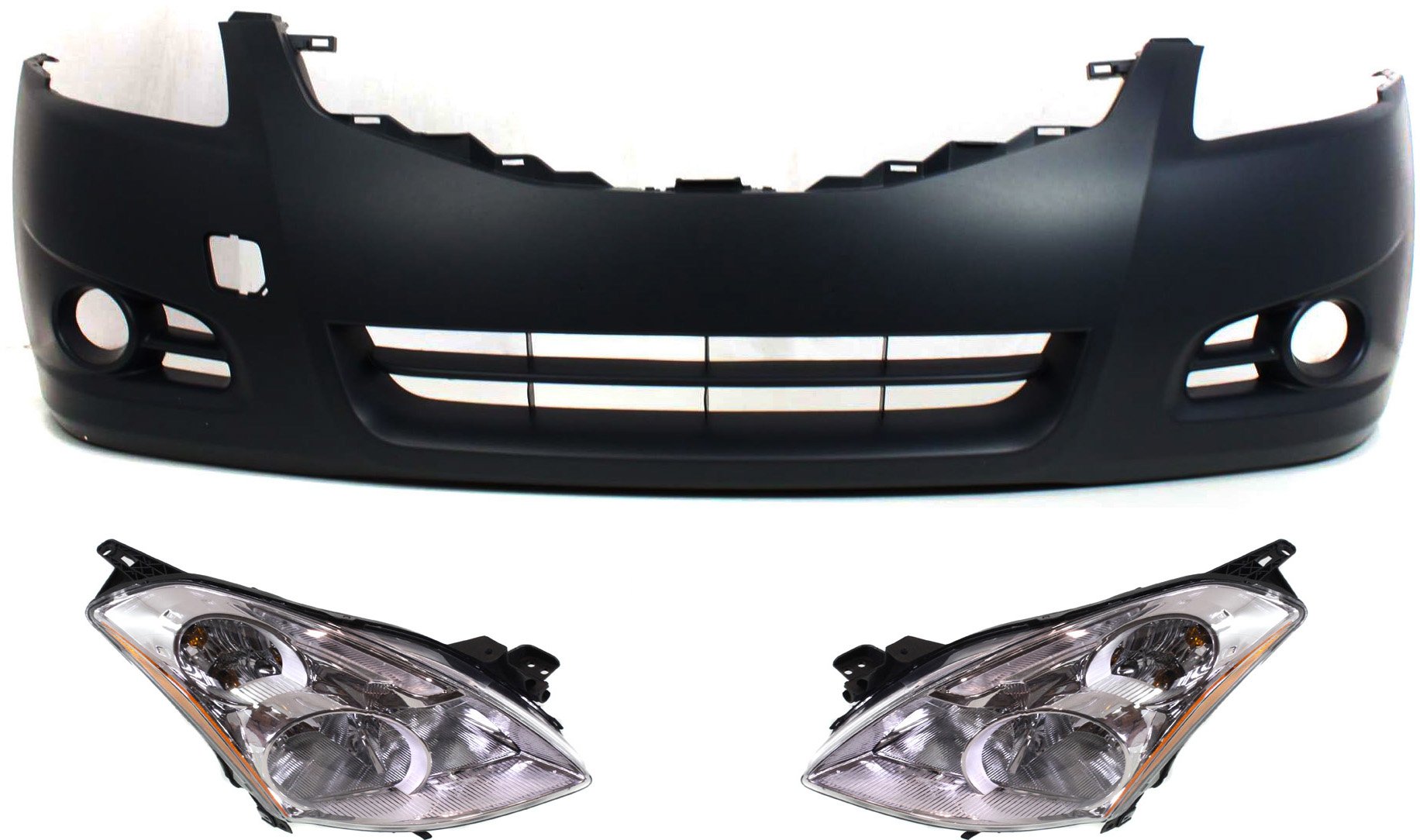Headlight Assembly Kit for 2010-2012 Nissan Altima, Includes Right (Passenger) and Left (Driver) Halogen Lights, 3-Piece Set with Bumper Cover, Replacement