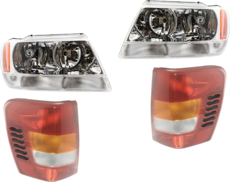Headlight and Tail Light Kit for Jeep Grand Cherokee 1999-2002, Right (Passenger) and Left (Driver), with Bulbs, 4-Piece Set, Replacement