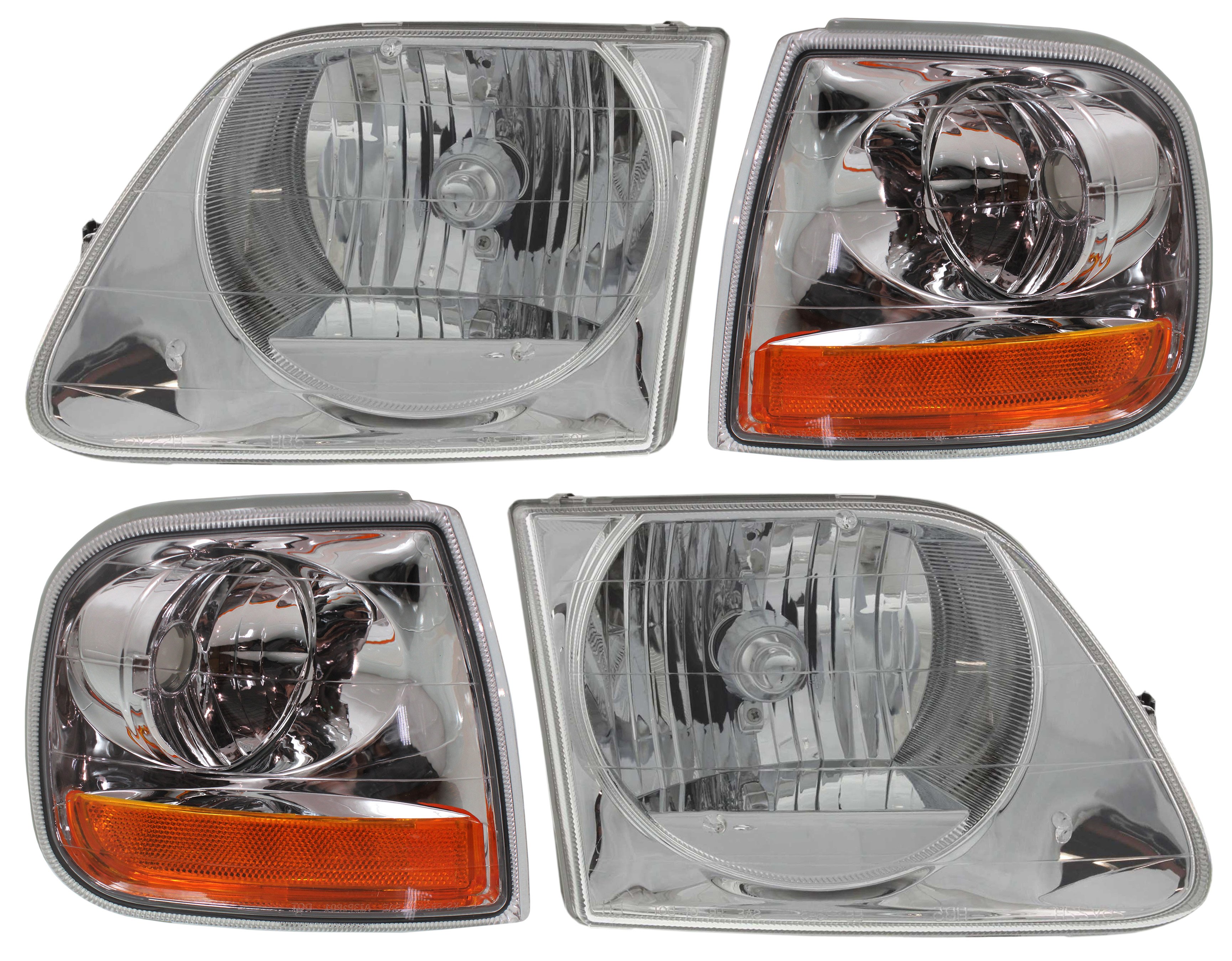 Headlight with Bulbs for Ford F-Series 1997-2004, Right (Passenger) and Left (Driver), 4-Piece Kit, with Corner Lights, Replacement F-150, F-250, F-350, F-450, F-550