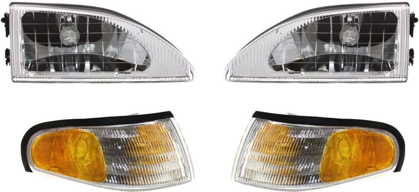 Headlight Kit for Ford Mustang 1994-1998, Right (Passenger) and Left (Driver) Sides, with Bulbs and Corner Lights, 4-Piece Kit with Replacement