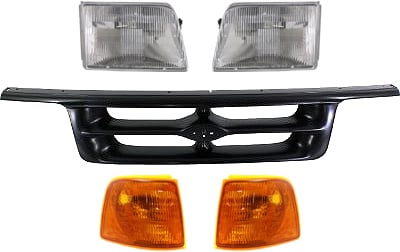 Headlight Kit for 1995-1997 Ford Ranger, Right (Passenger) and Left (Driver), with Bulbs, 5-Piece set, including Corner Lights and Grille Assembly, Replacement