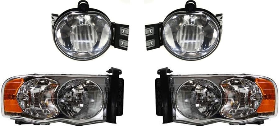 Headlight Assembly Kit for Dodge Full Size Pickup (2002-2005) Right (Passenger) and Left (Driver), Halogen, 4-Piece kit, with Fog Lights, Replacement