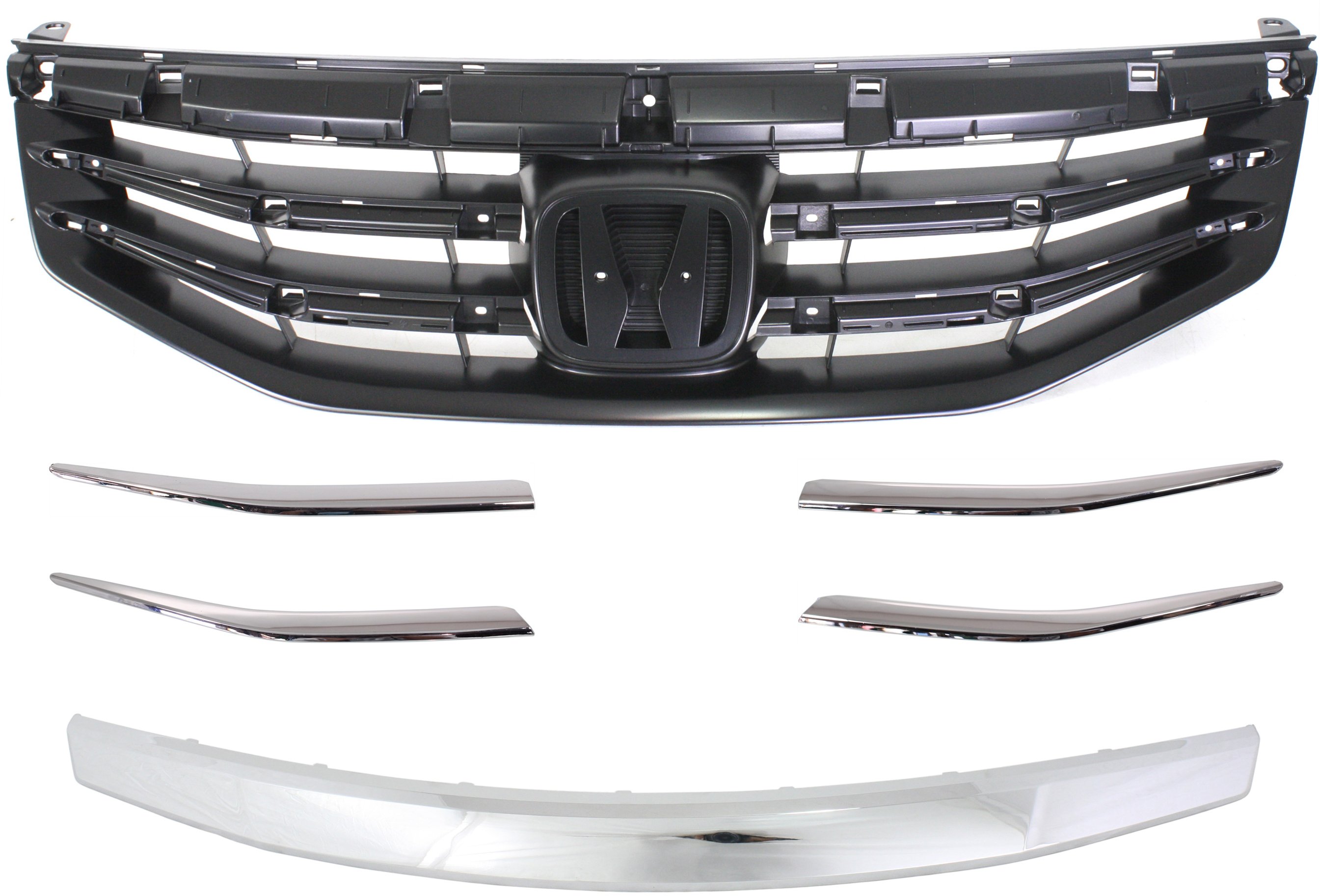 Upper and Lower Grille Molding Kit for 2011-2012 Honda Accord, 6-Piece Set with Grille Assembly, Replacement