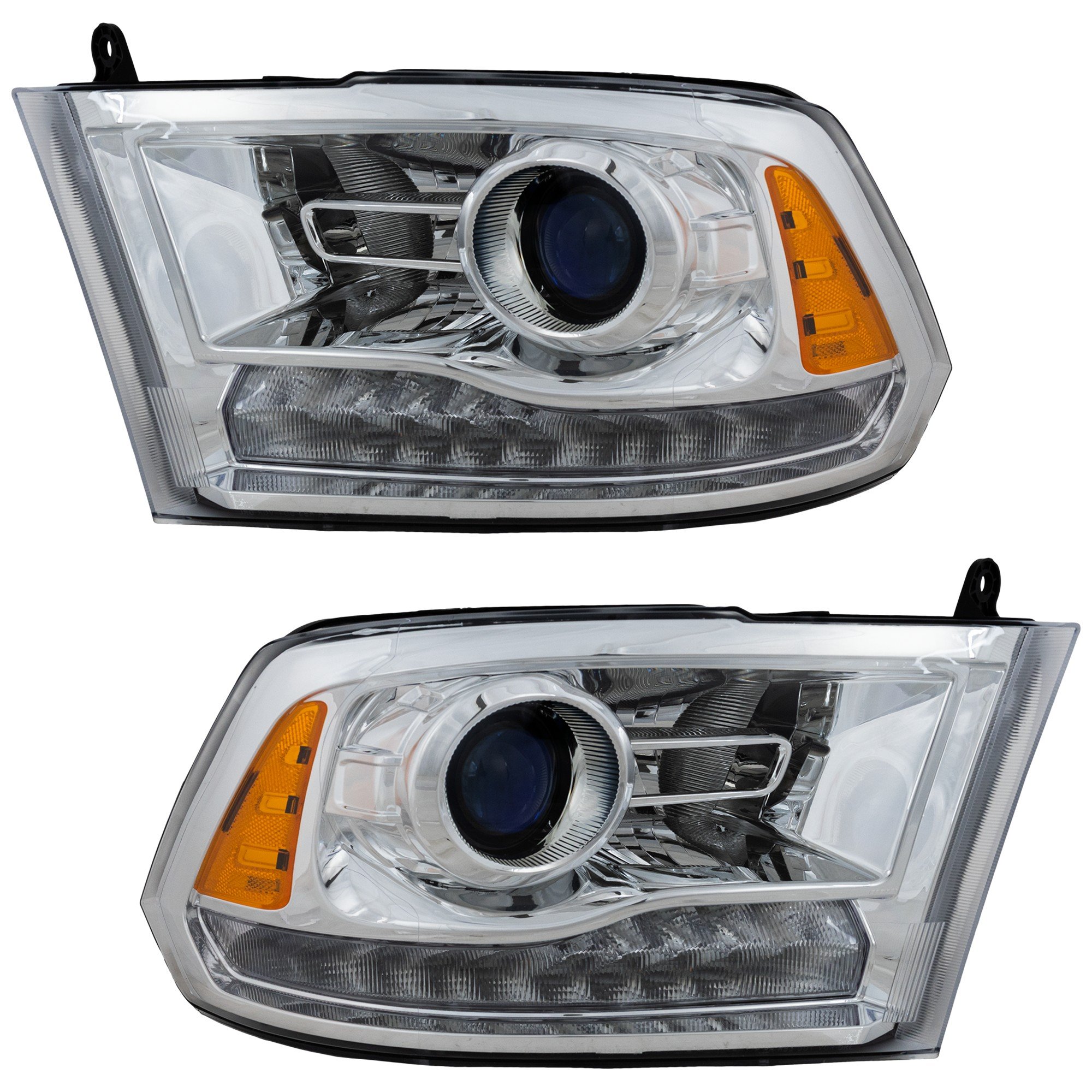 Projector Headlight Assembly for Dodge RAM Full Size Pickup 2009-2012, Right (Passenger) and Left (Driver), Halogen Light, Chrome Interior, with Quad Lights, Code LME, Replacement