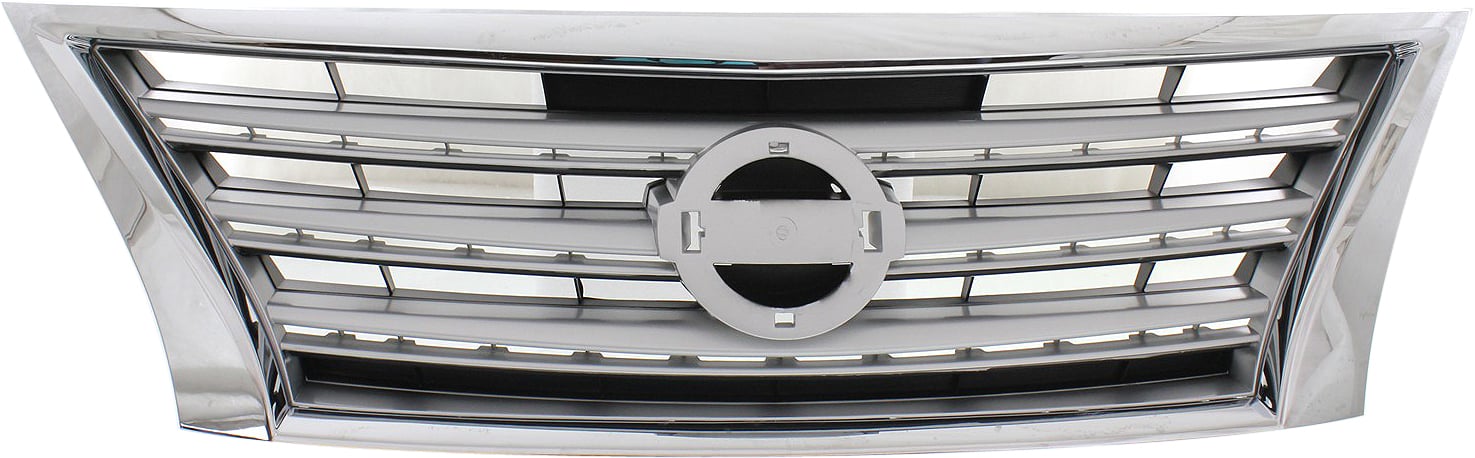 Grille for Nissan Sentra 2013-2015, Standard Type, Chrome Shell with Painted Silver Insert, S/SL/SV Models, Replacement (CAPA Certified)