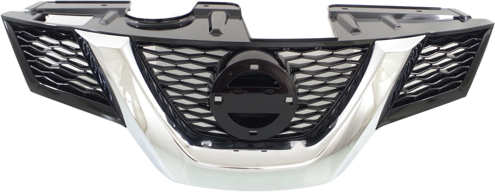 Grille for Nissan Rogue 2014-2015, Painted Black with Chrome Molding, Without Hole, S/SV Model without Premium Package, USA Built Until March 2015, Replacement