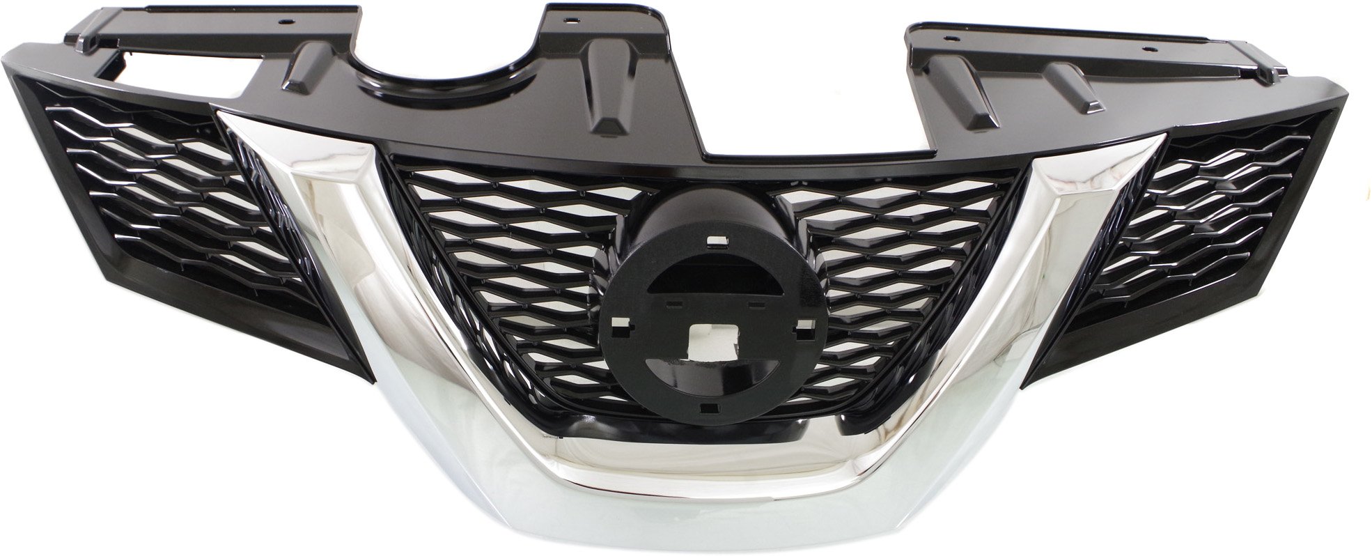 Grille for Nissan Rogue 2014-2016, Painted Black Shell and Insert with Chrome Molding and Hole, SL/SV with Premium Package Model, USA Built Vehicle, Replacement