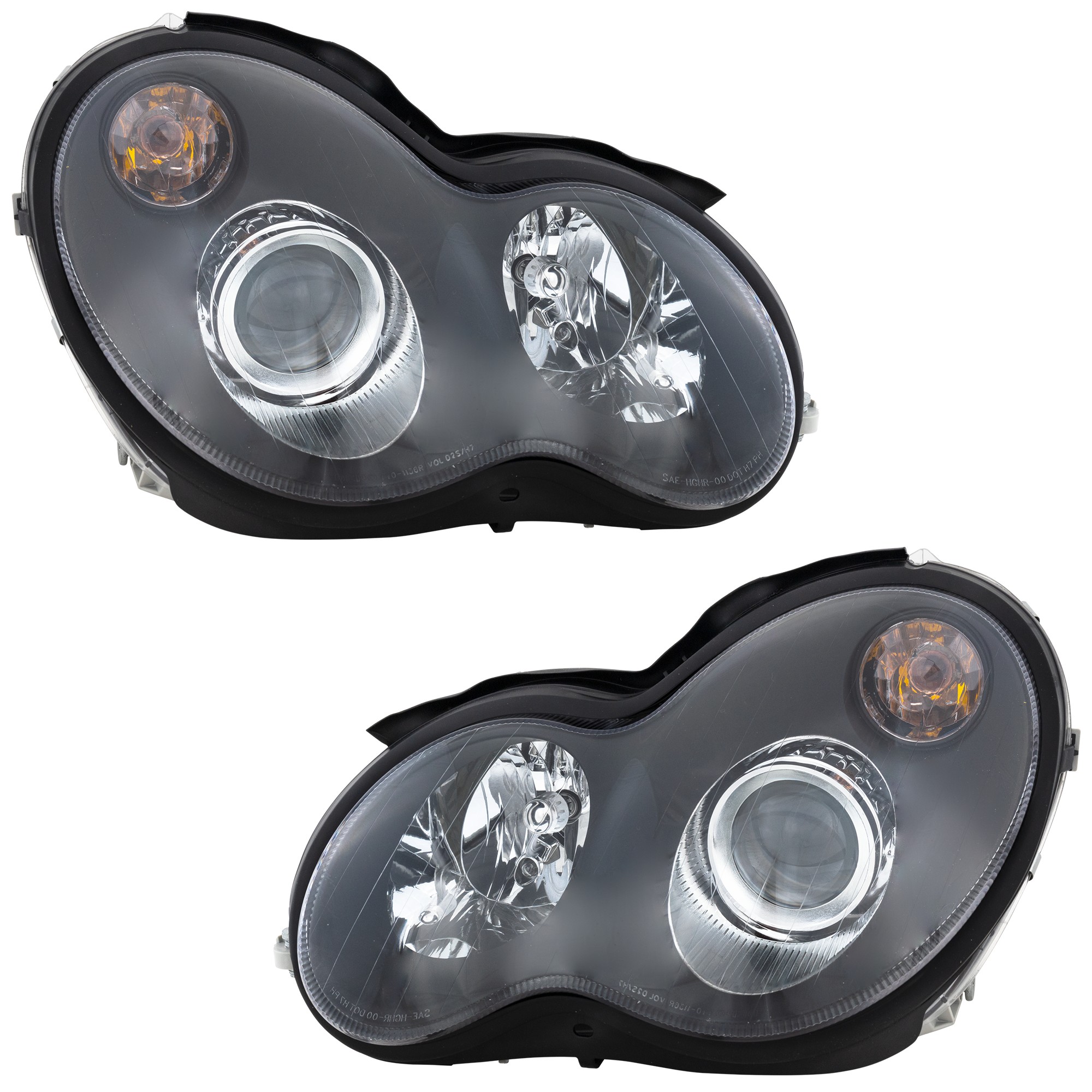 Headlight Assembly for Mercedes-Benz C Class 2005-2007 Sedan/Wagon, Right (Passenger) and Left (Driver), Halogen, Black Bezel, 2-Piece, Replacement
