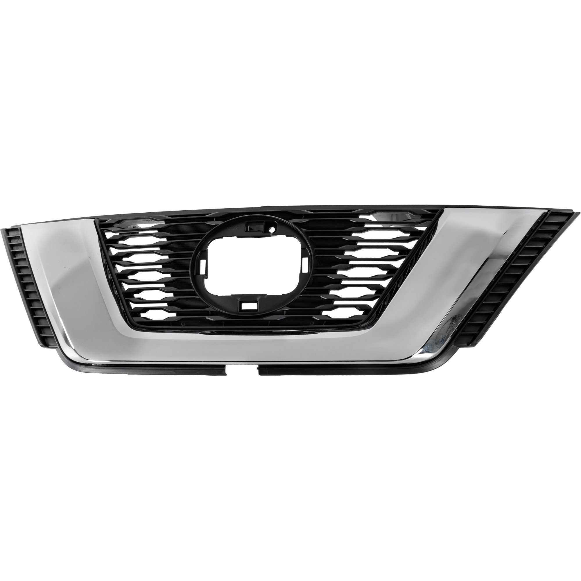 Grille for Nissan Rogue 2018-2020, Textured Black with Chrome Moulding, SL/SV Models without Midnight Special Edition, with Premium Package, Hybrid with Camera Hole, for Japan/Korea/USA Built Vehicles, Replacement