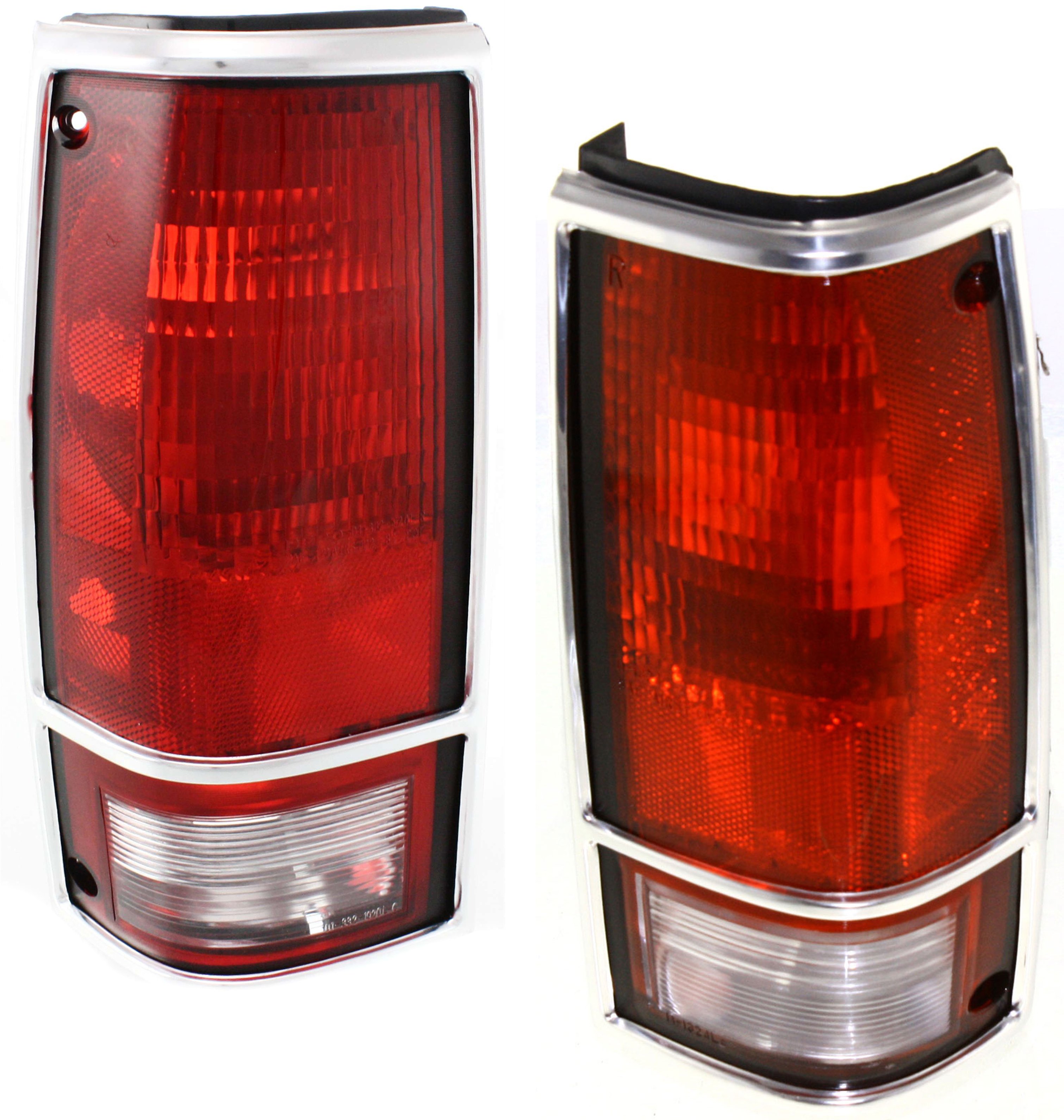 Tail Light Lens and Housing Pair/Set for Chevrolet S10 Pickup 1982-1993, Right (Passenger) and Left (Driver), with Chrome Trim, Replacement