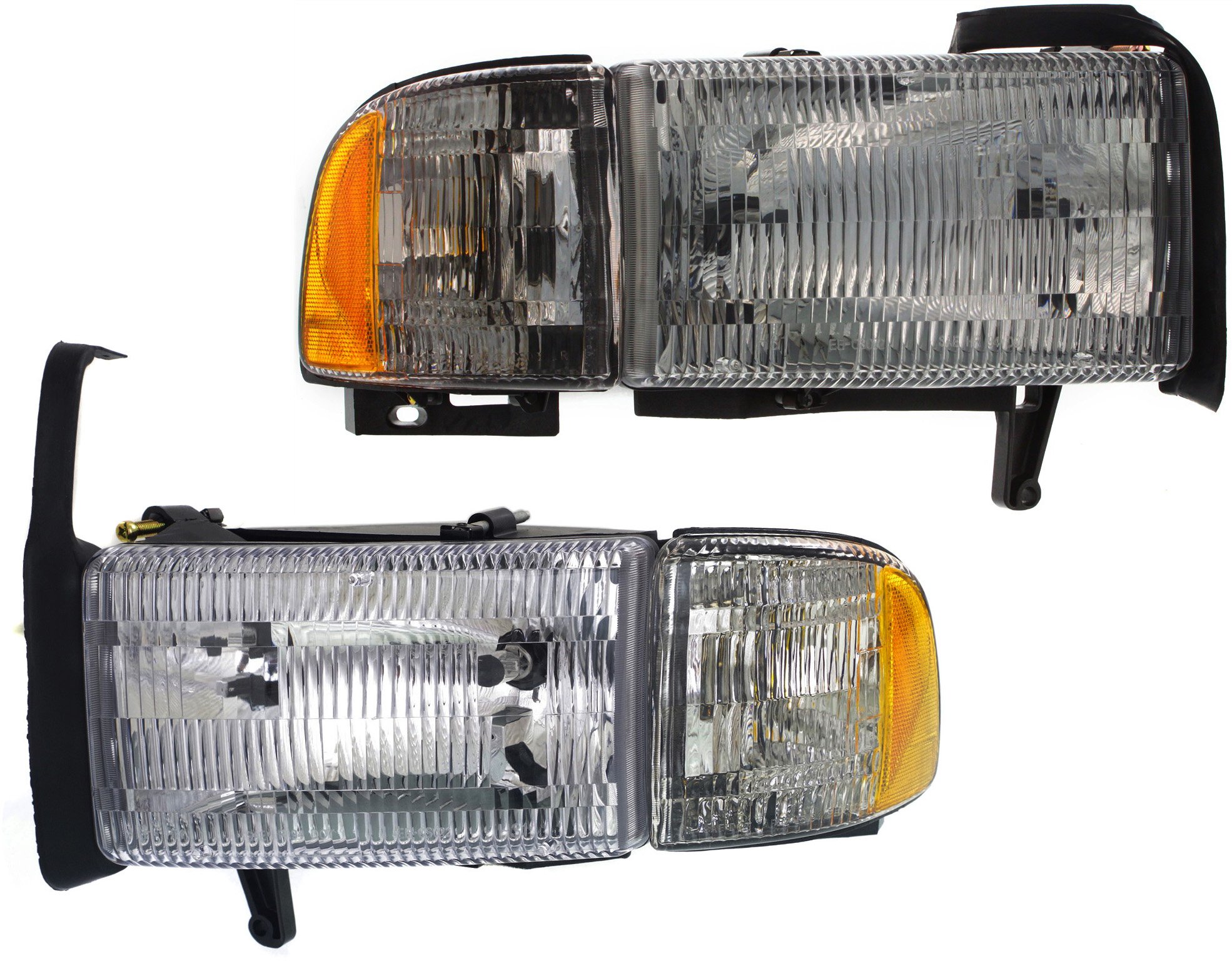 Headlight Assembly Pair/Set for Dodge RAM Full-Size Pickup 1994-2002, Right (Passenger) and Left (Driver), Halogen with Corner Light, Old Body Style, Excludes 1999-2002 Sport Package, Replacement