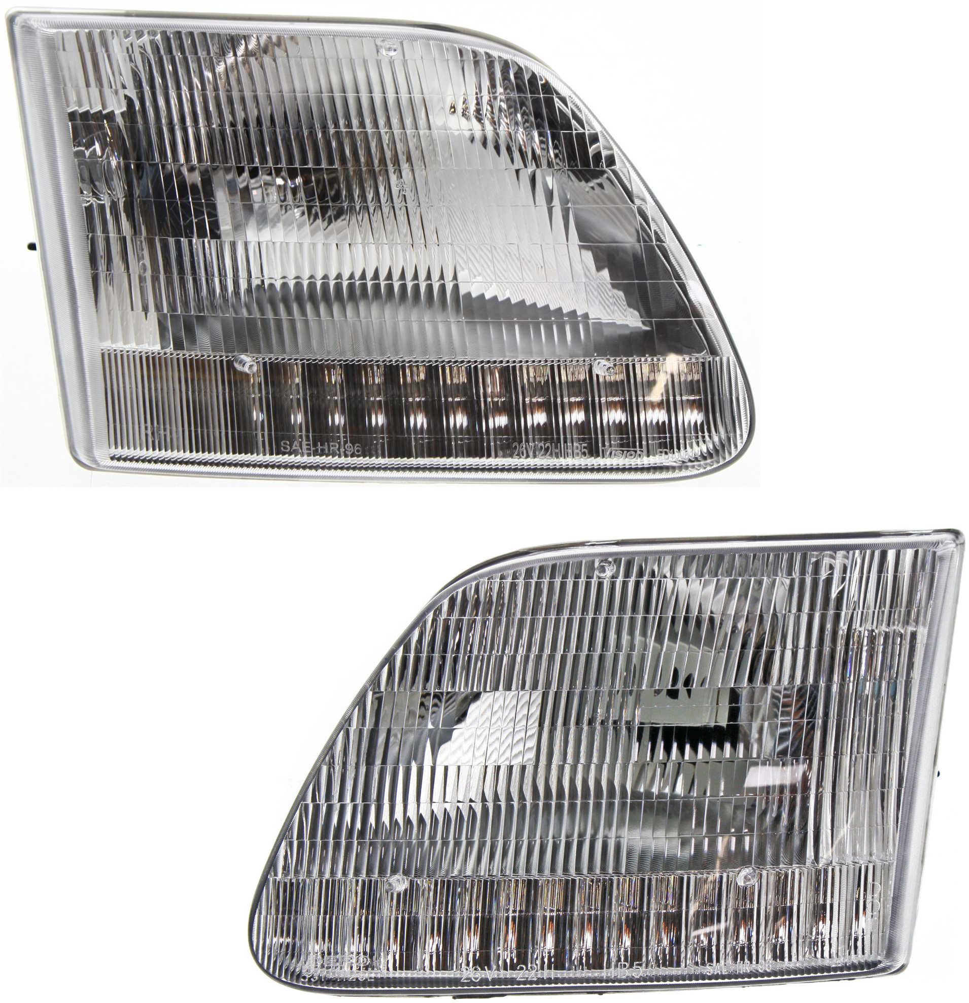 Headlight Assembly Pair/Set for Ford F-Series 1997-2003, Includes Right (Passenger) and Left (Driver) Halogen Lights, Without Bracket, From July 1996, Excludes STX/Heritage/Harley/King Ranch Models, Replacement