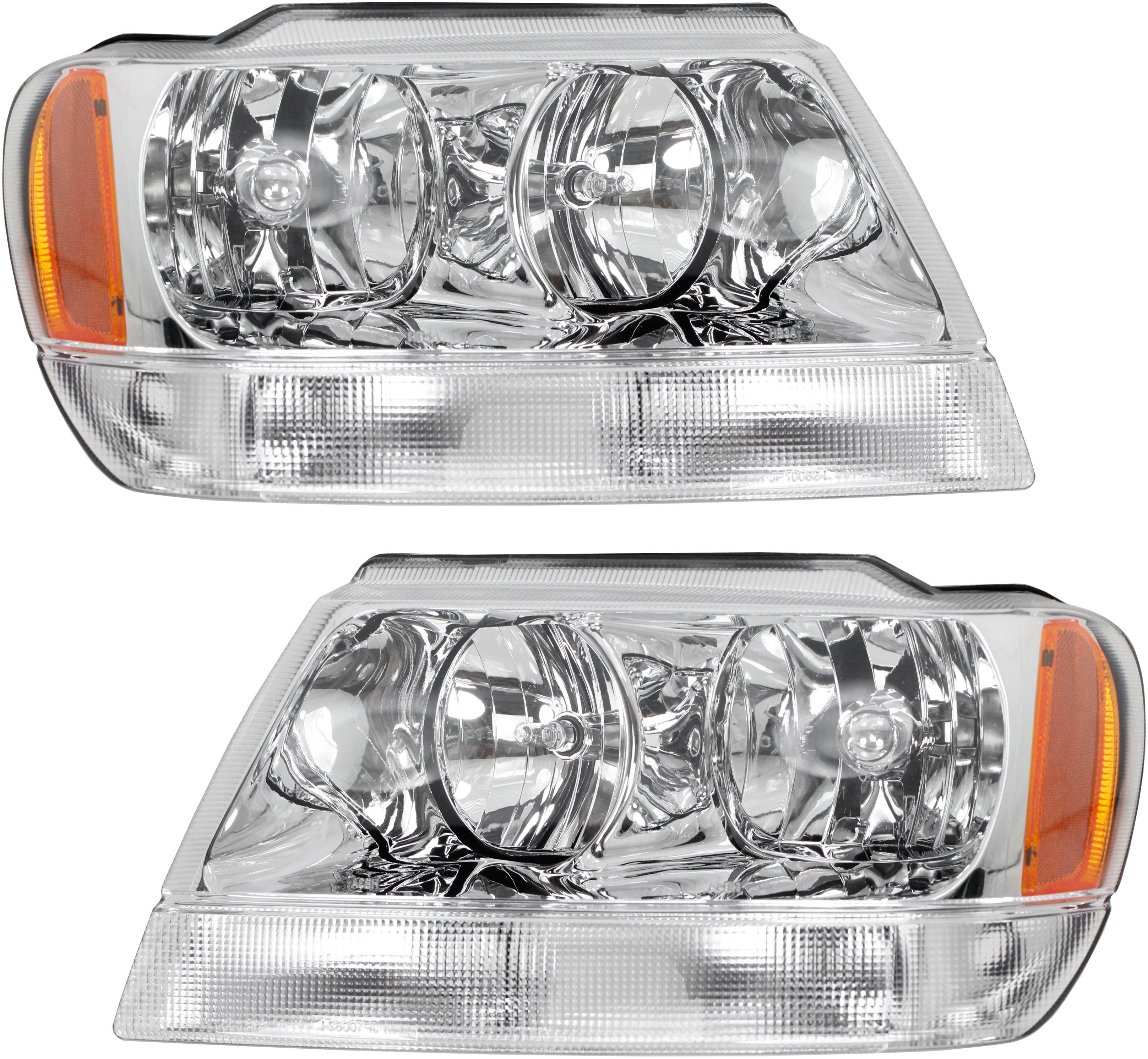 Headlight Assembly Pair/Set for Jeep Grand Cherokee 1999-2004, Right (Passenger) and Left (Driver), Halogen Light with Chrome Interior, Suitable for Limited/Overland Models, Replacement