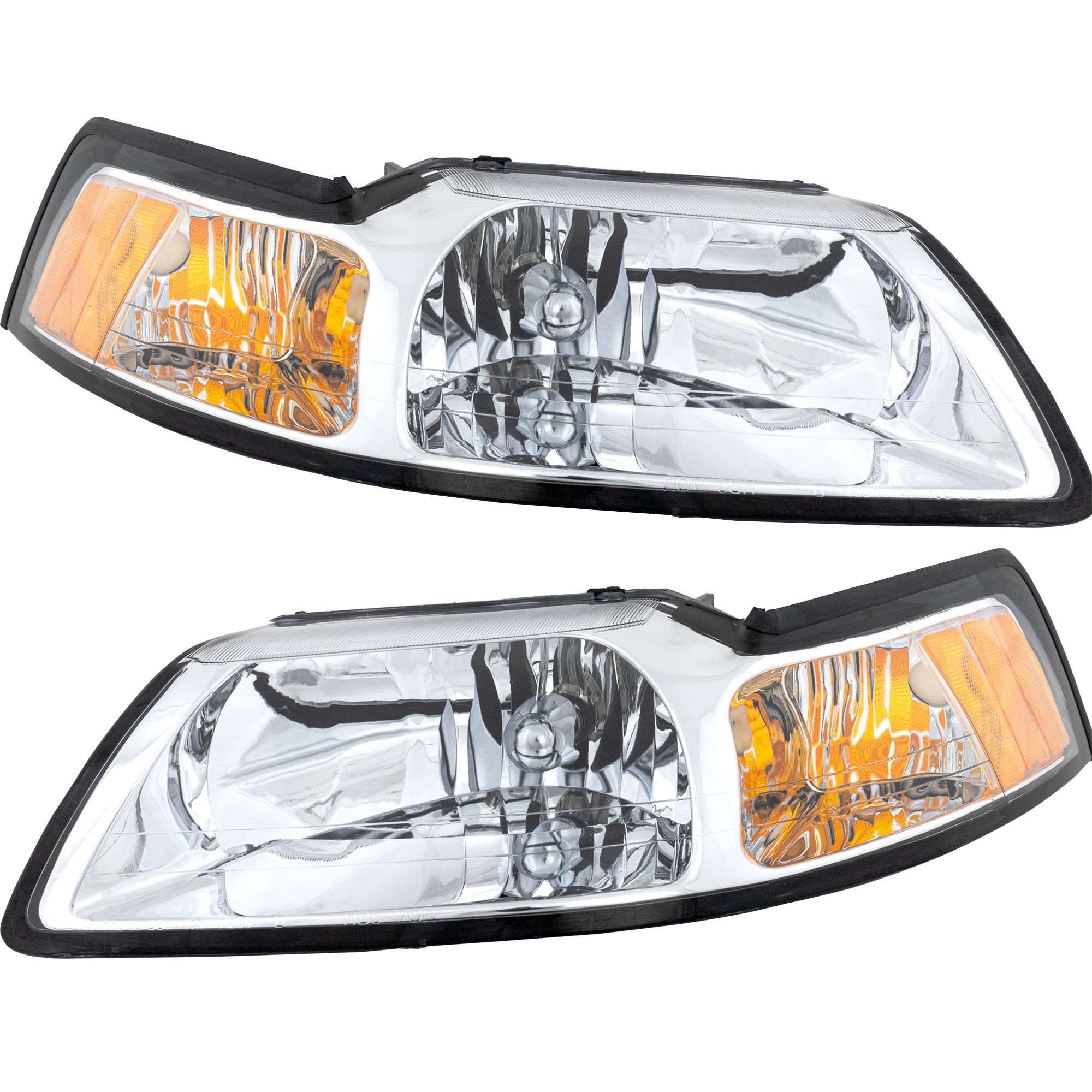 Headlight Assembly Pair/Set for 1999-2000 Ford Mustang with Right (Passenger) and Left (Driver) Lights, Halogen, Chrome Interior, Replacement