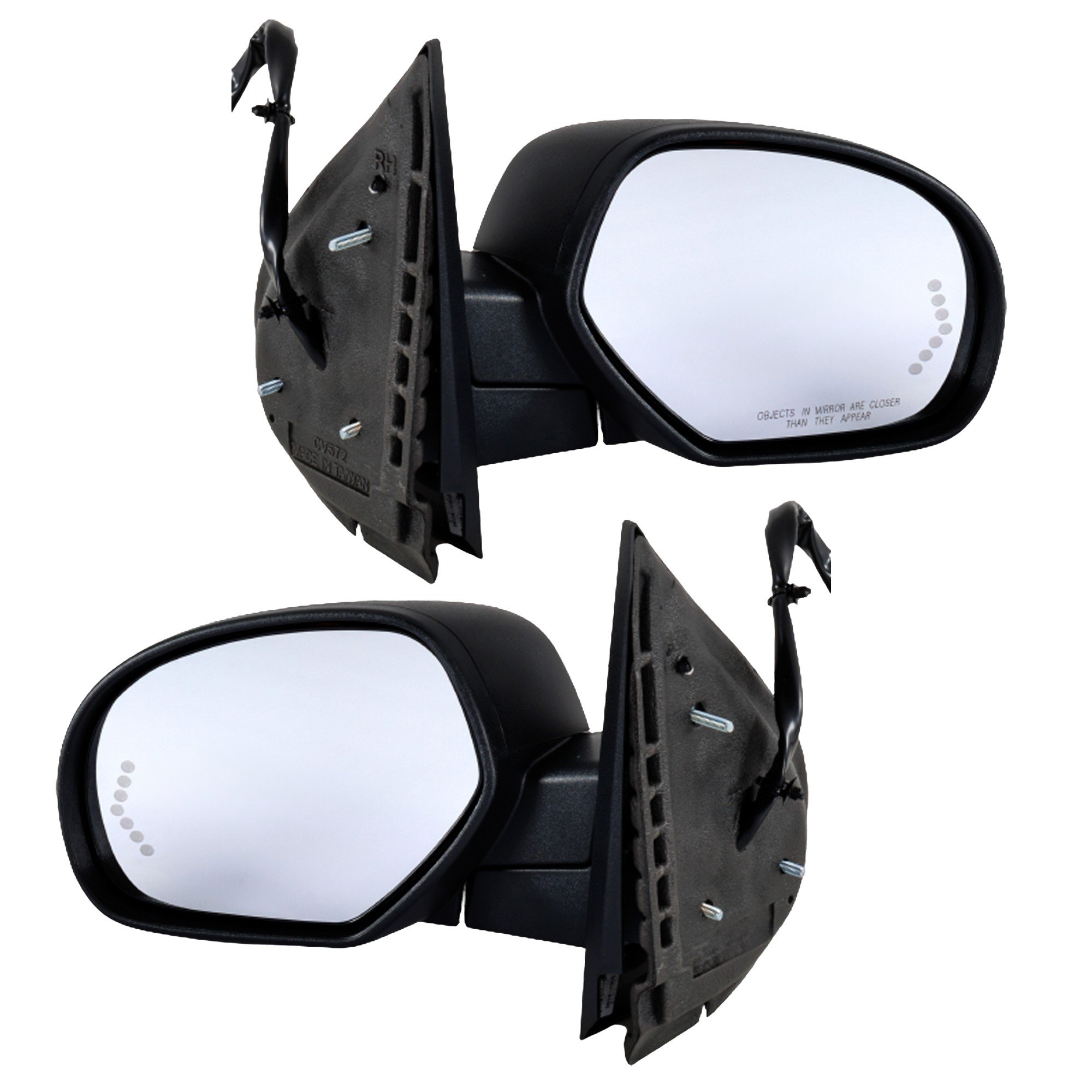 Mirror Pair/Set for Chevrolet Silverado 2007-2013/Suburban 2007-2014, Right (Passenger) and Left (Driver), Non-Towing, Power Operated, Power Folding, Heated, Paintable/Textured, with 2 Caps, Memory Function, Puddle Light and Signal Light - Replacement