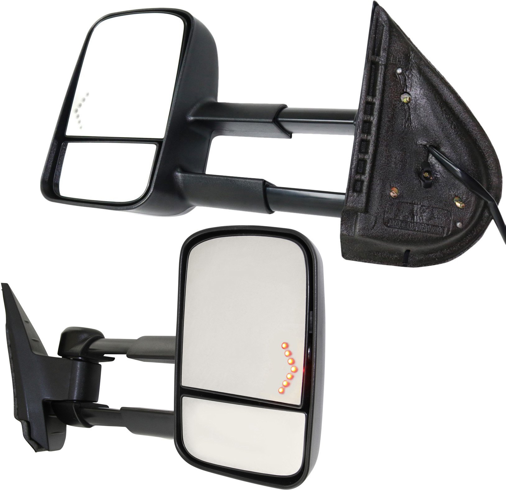 Towing Mirror Pair/Set for Chevrolet Silverado/Suburban 2007-2014, Right (Passenger) and Left (Driver), Power, Manual Folding, Heated, Textured, with In-Glass Signal Light, without Memory and Puddle Light Replacement