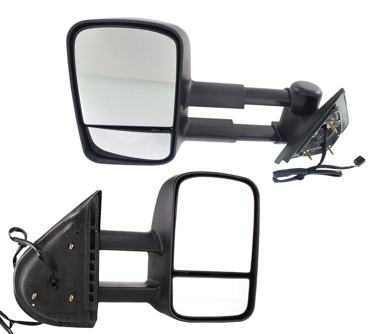 Towing Mirror Pair/Set for Chevrolet Silverado 2007-2014 and Suburban 2007-2014, Right (Passenger) and Left (Driver), Power Operated, Manual Folding, Heated, Textured, without Memory, Includes Puddle and Signal Light, Replacement