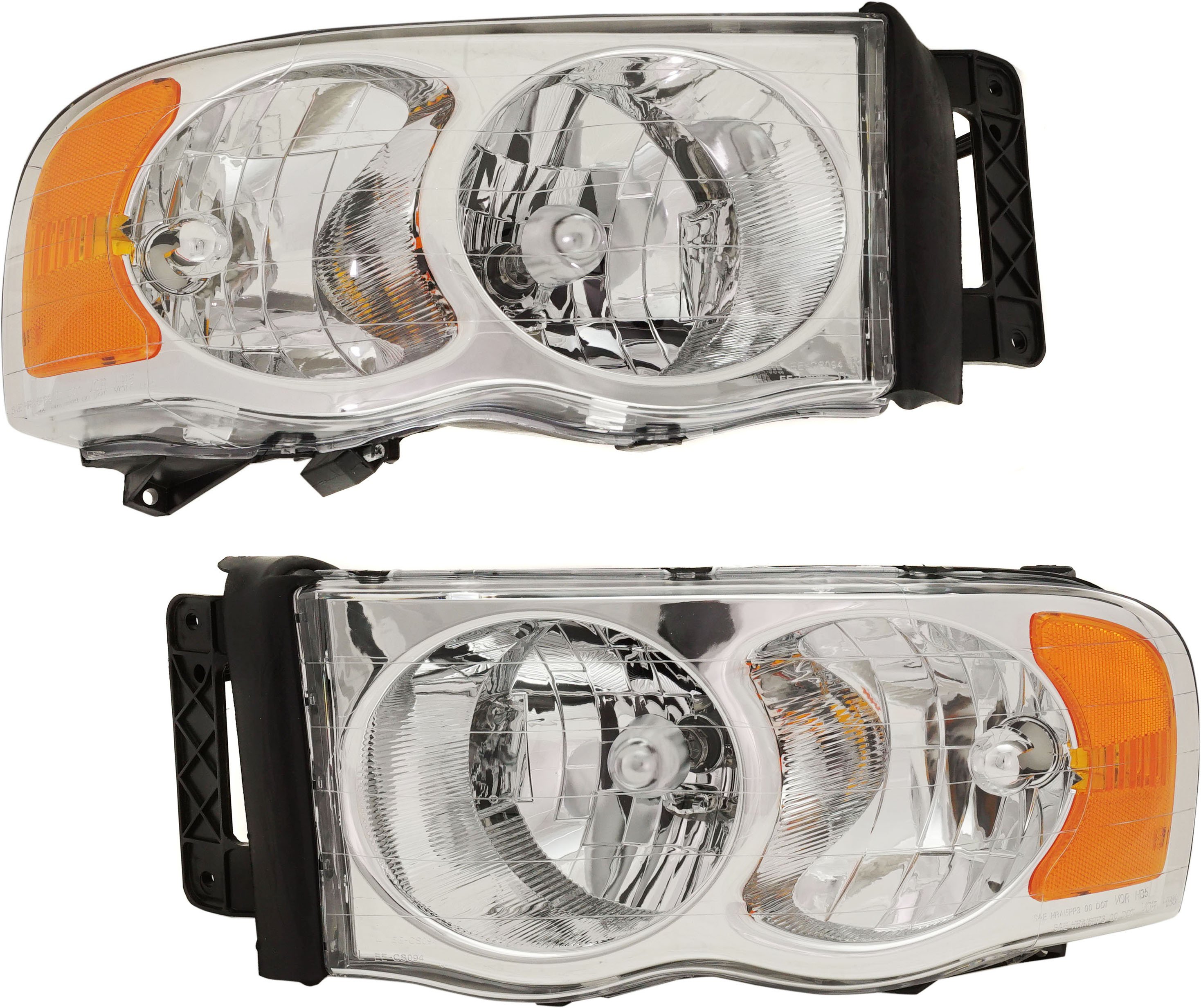 Headlight Assembly Pair/Set for Dodge Full Size Pickup 2002-2005, Right (Passenger) and Left (Driver), Halogen, without Bulb and Wiring Harness for Side Marker Light, Replacement