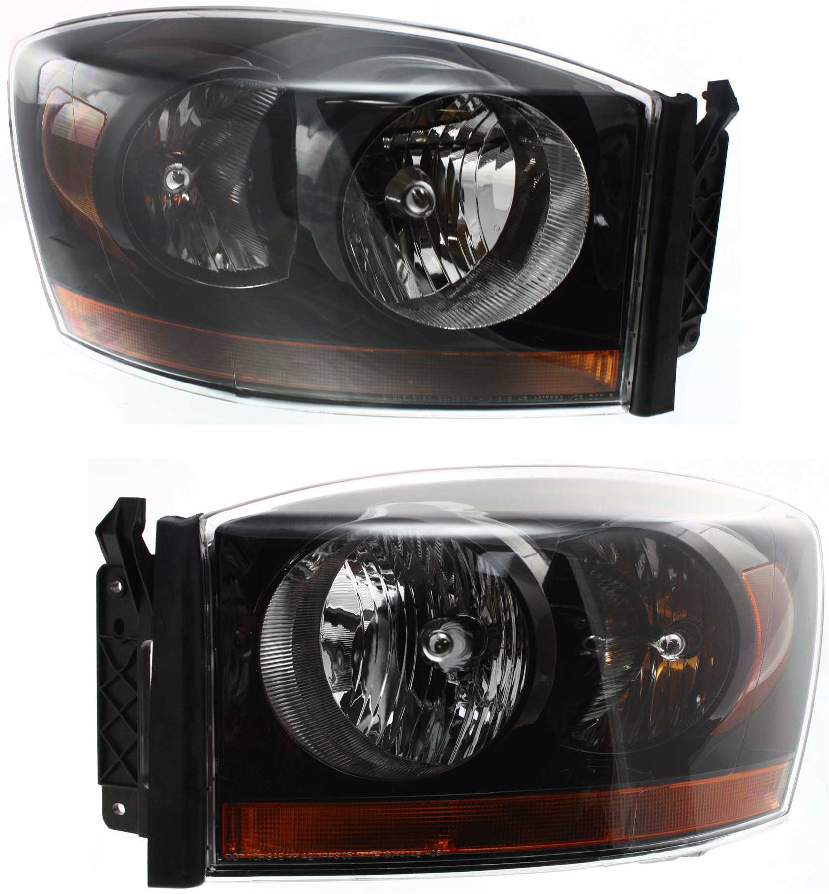 Headlight Assembly Pair/Set for Dodge Full Size Pickup 2006, Right (Passenger) and Left (Driver) Side, Halogen, Black Interior, Replacement
