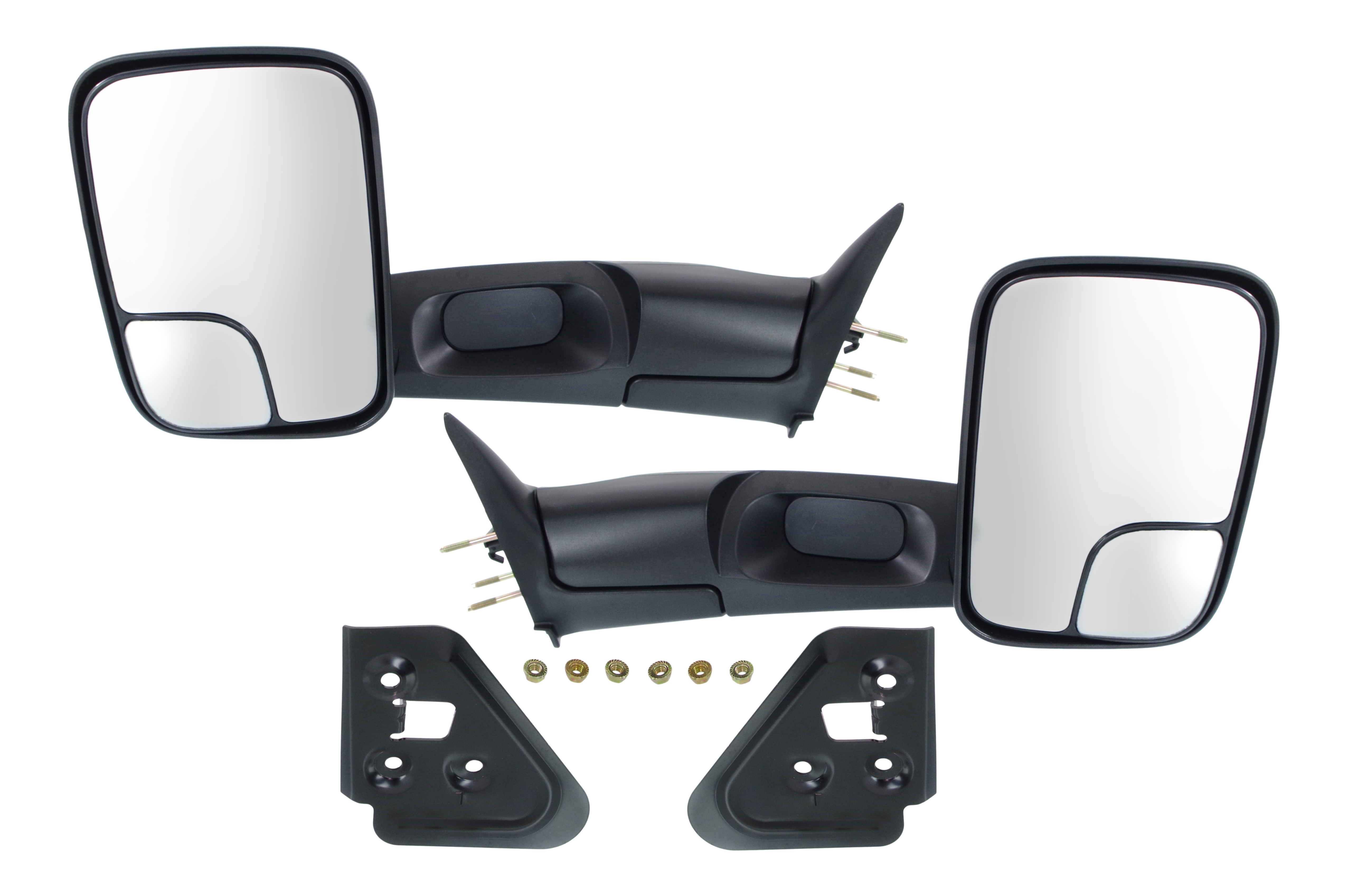 Towing Mirror Pair/Set for Dodge RAM 1500 Pickup 1994-2001, RAM 2500/3500 Pickup 1994-2002, Right (Passenger) and Left (Driver) Manual Adjust, Manual Folding, Non-Heated, Textured, with Bracket and Blind Spot Glass Replacement