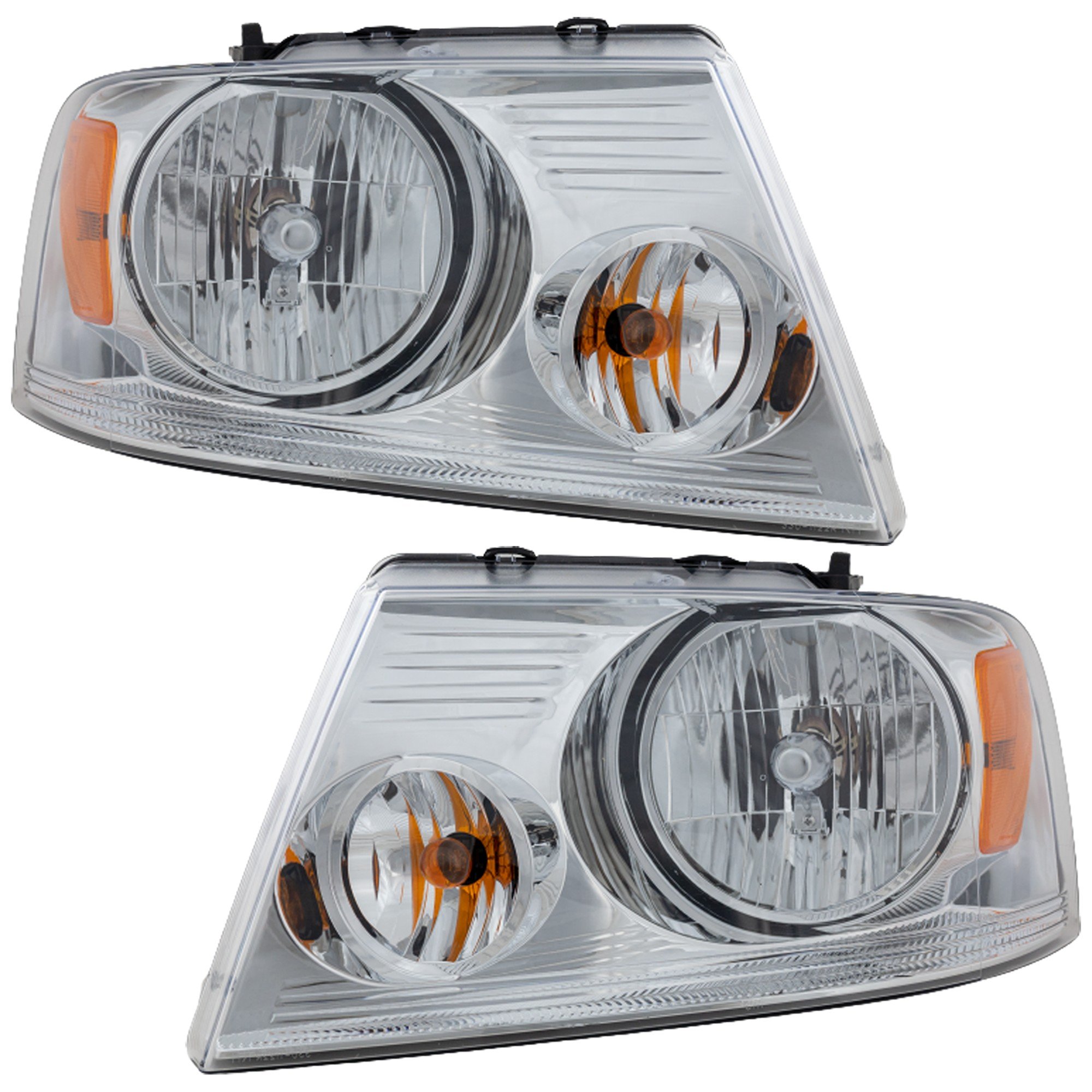 Headlight Assembly Pair/Set for Ford F-150 2004-2008, Mark LT 2006, Halogen, Right (Passenger) and Left (Driver), Chrome Bezel Replacement