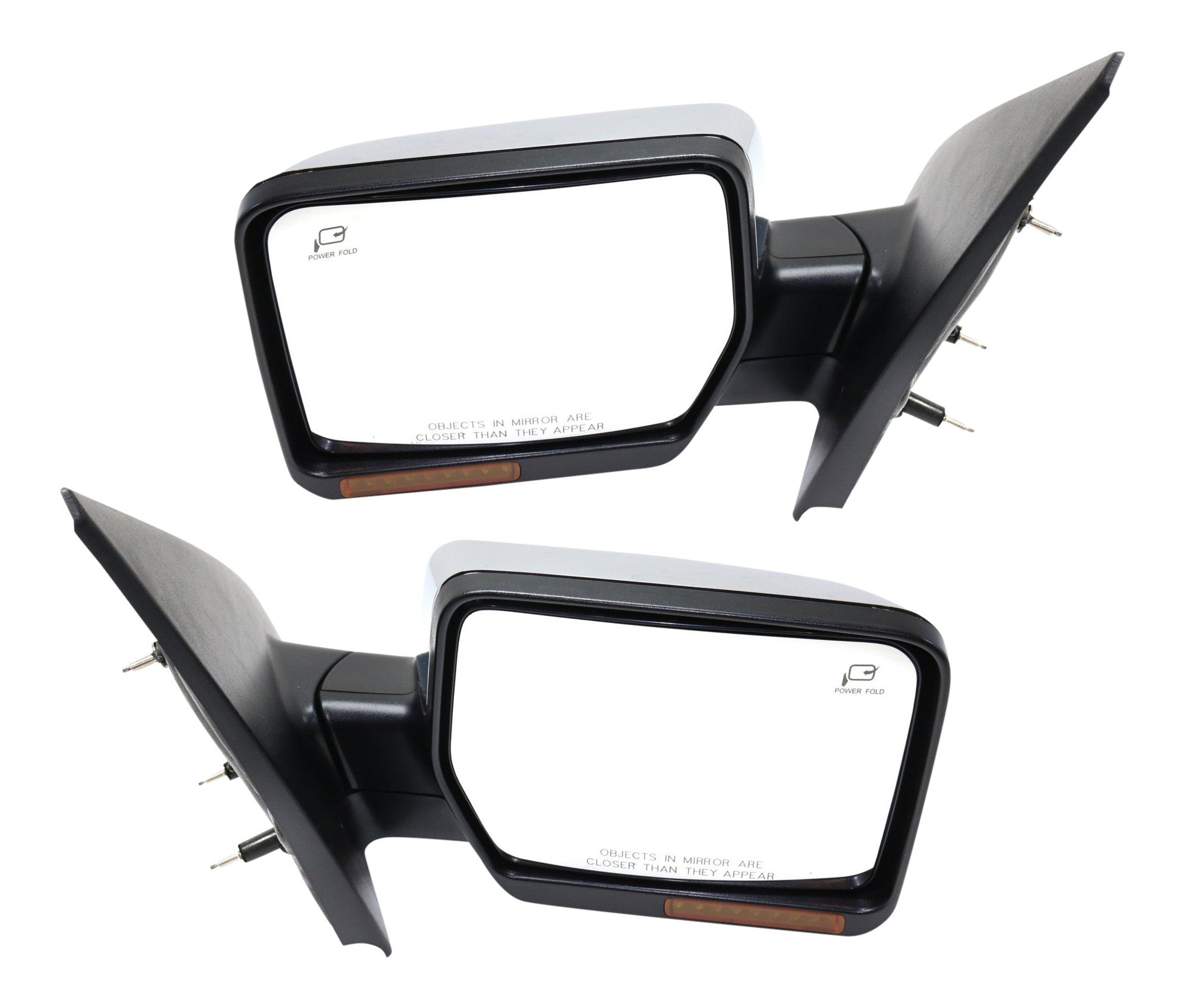Mirror Pair/Set for Ford F-150 2007-2008, Right (Passenger) and Left (Driver), Non-Towing, Power Operated, Power Folding, Heated, Chrome, w/ In-Housing Signal Light & Memory, w/o Auto Dimming & BSD Replacement