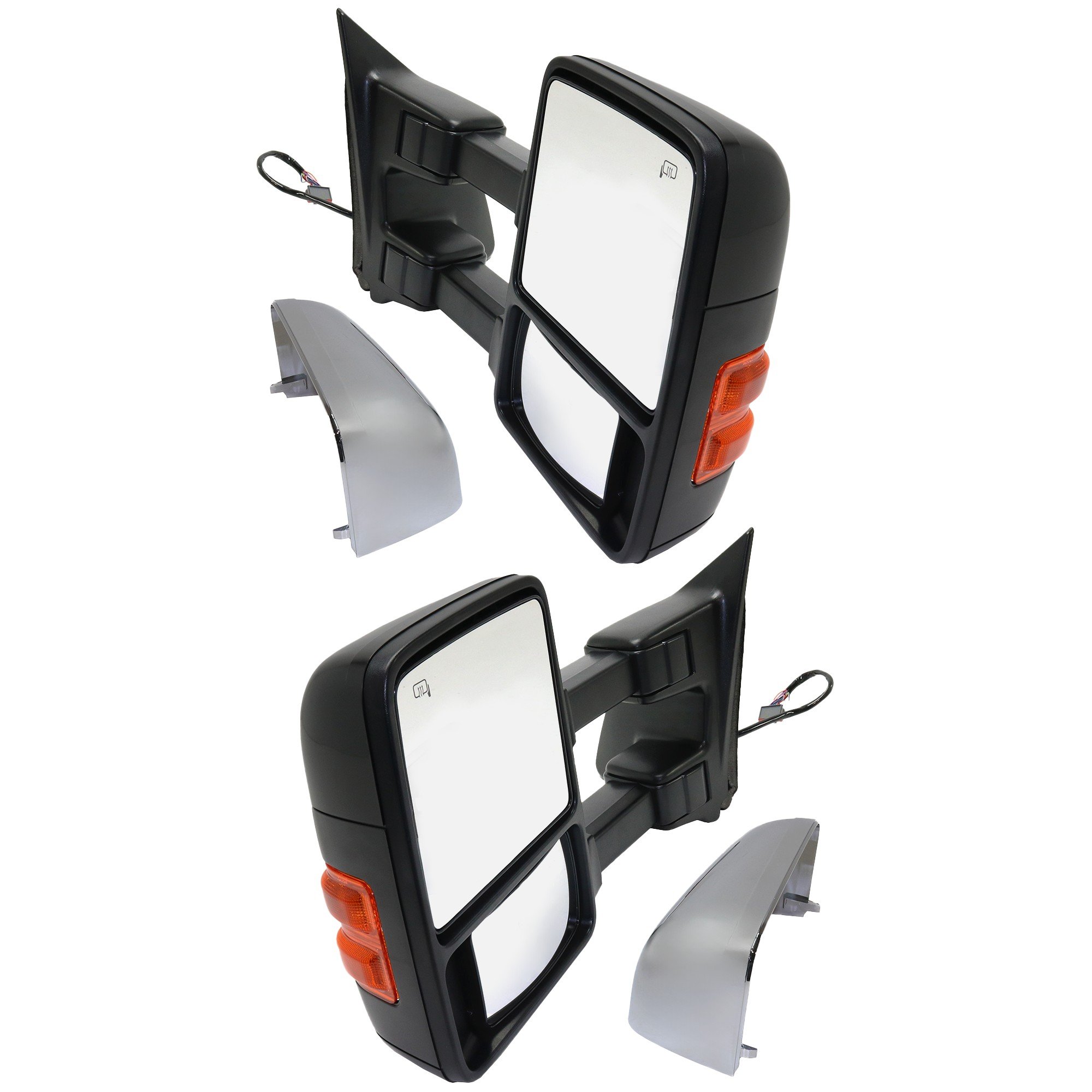 Towing Mirror Pair/Set for Ford F-Series Super Duty 2011-2012, Right (Passenger) and Left (Driver), Power Operated, Heated, Power Folding, with Memory and Signal Light, 2 Caps (Chrome/Paintable), Auto Extended Replacement. Models: for F-250, F-350, F-450.