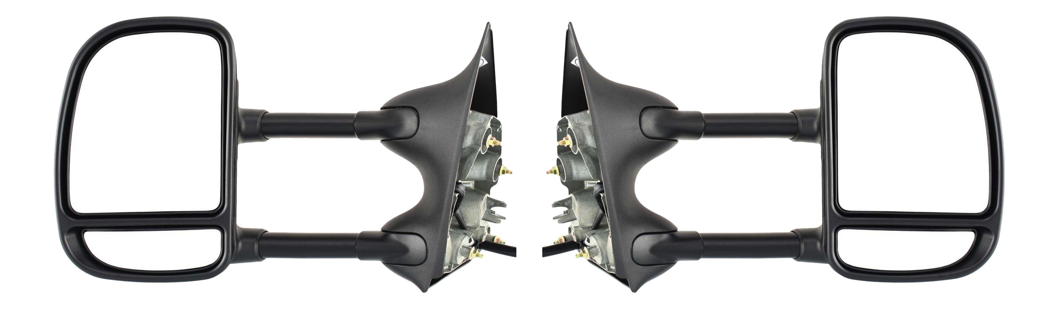 Towing Mirror Pair/Set for Ford F-Series Super Duty 2002-2007/Excursion 2000-2005, Right (Passenger) and Left (Driver), Power, Manual Folding, Non-Heated, Textured, Dual Glass, Dual Arm Type, w/o Signal Light Replacement. Models: for F-250, F-350, F-450, F-550.