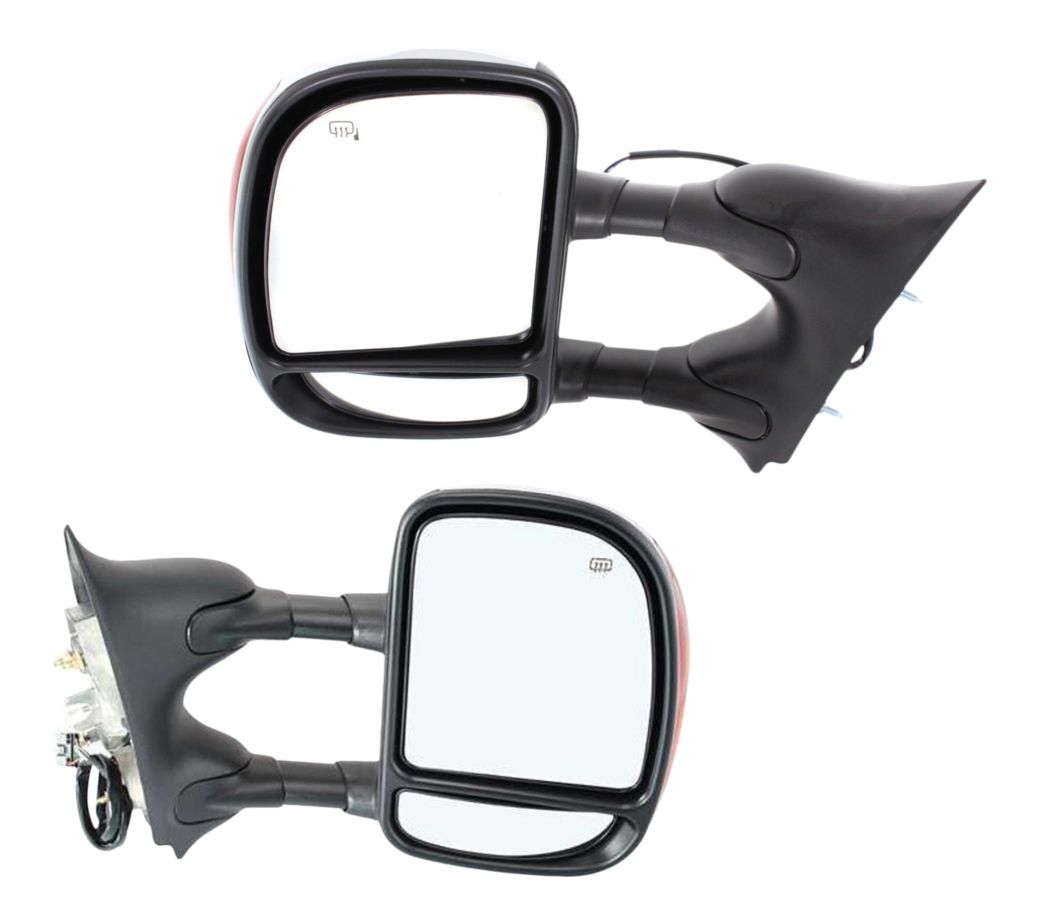 Towing Mirror Pair/Set for Ford F-Series Super Duty (2002-2007)/Excursion (2000-2005), Right (Passenger) and Left (Driver), Power, Manual Folding, Heated, Chrome, Dual Glass, Double-Swing Type, with Signal Light, Replacement