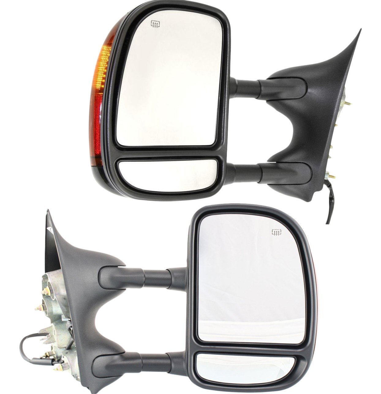 Towing Mirror Pair/Set for Ford F-Series Super Duty 2002-2007, Right (Passenger) and Left (Driver), Power, Manual Folding, Heated, Paintable, Double-Swing Type Replacement. Specific Models: for F-250, F-350, F-450, F-550.