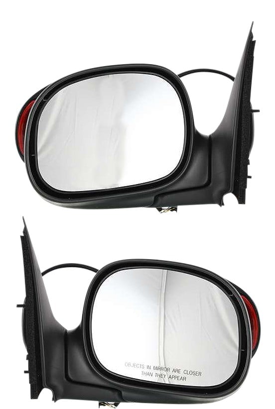 Mirror Pair/Set for Ford F-150 1997-2004, F-250 1997-1999, Right (Passenger) and Left (Driver), Power Adjustable, Manual Folding, Non-Towing, Non-Heated, Paintable, Contour Style with Signal Light in Housing, Regular and SuperCab Replacement