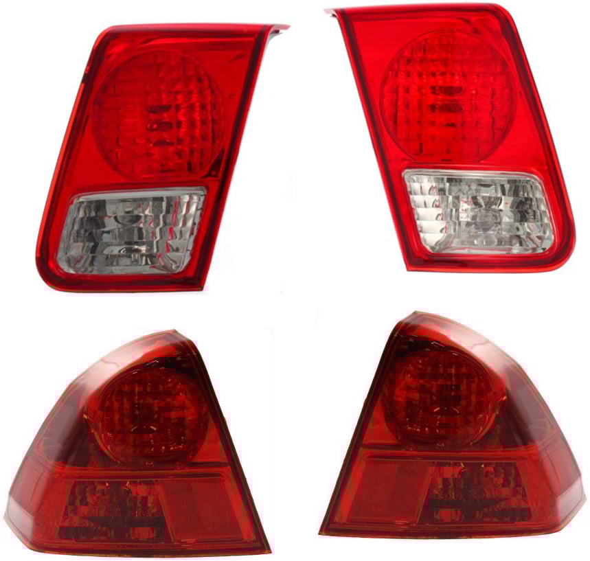Inner and Outer Tail Light Assembly Pair/Set for 2003-2005 Honda Civic Sedan, Right (Passenger) and Left (Driver), Excluding Hybrid Model, Canada/USA Built Vehicle Replacement