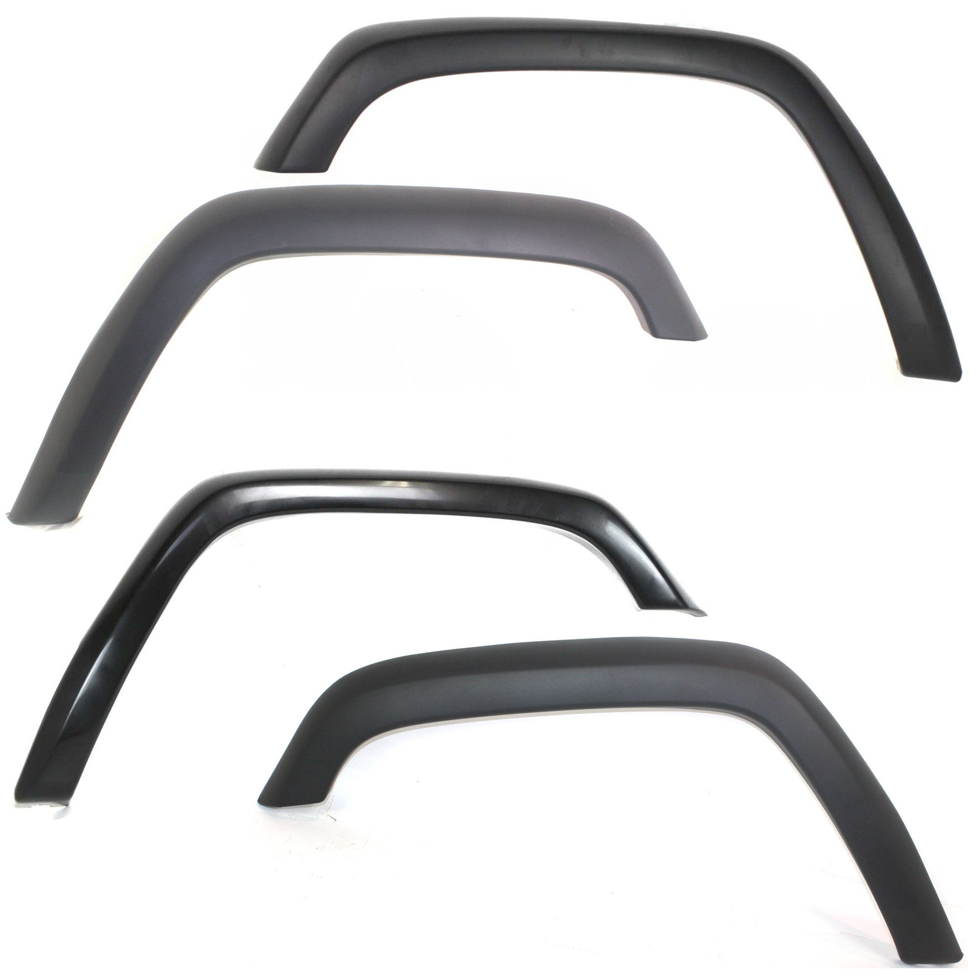 Front and Rear Wheel Opening Molding Pair/Set for Jeep Cherokee 1997-2001, Right (Passenger) and Left (Driver), OE Style, Front - Primed (Ready to Paint); Rear - Textured Black Replacement