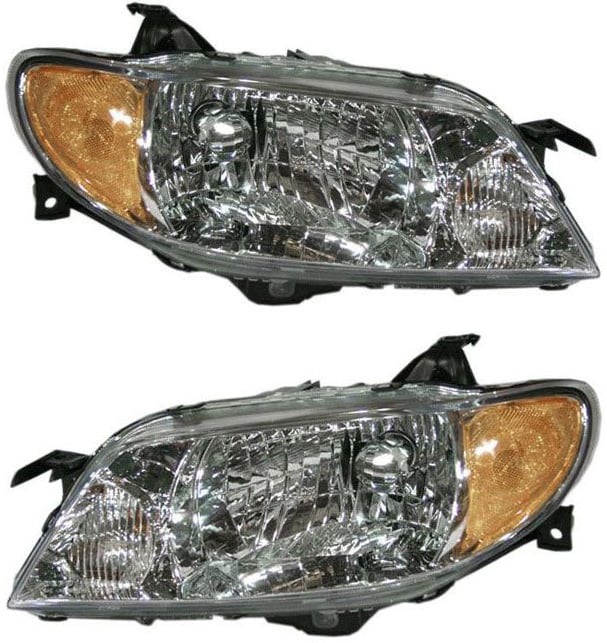 Headlight Assembly Pair/Set for 2001-2003 Mazda Protege Sedan, Right (Passenger) and Left (Driver), Halogen Light, Aluminum Bezel, Replacement
