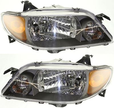 Headlight Assembly Pair/Set for 2001-2003 Mazda Protege Sedan, Includes Right (Passenger) and Left (Driver) Side, Halogen, with Metal Coat Bezel, Replacement