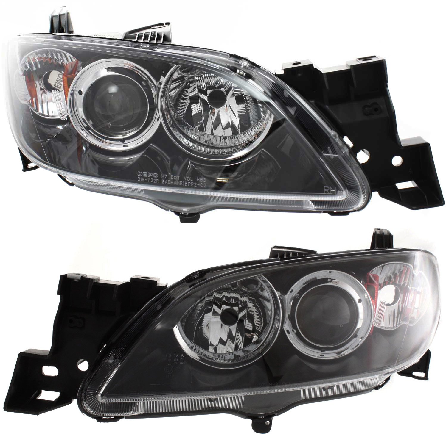 Headlight Pair/Set for Mazda 3 Sedan 2004-2009, Right (Passenger) and Left (Driver), Lens and Housing, Halogen, Replacement