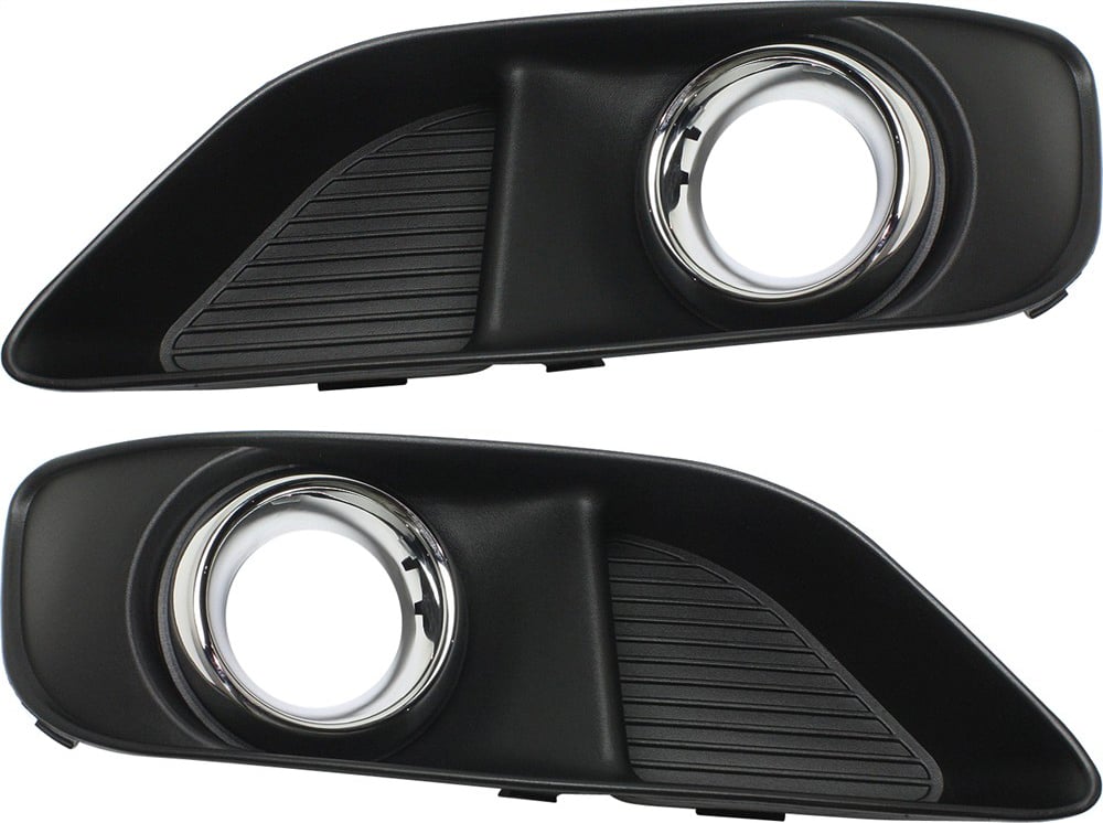 Front Fog Light Molding Pair/Set for 2012-2014 Chrysler 300, Right (Passenger) and Left (Driver), Black with Chrome Trim, SRT-8 Model, Without Parking Aid Sensor Holes Replacement