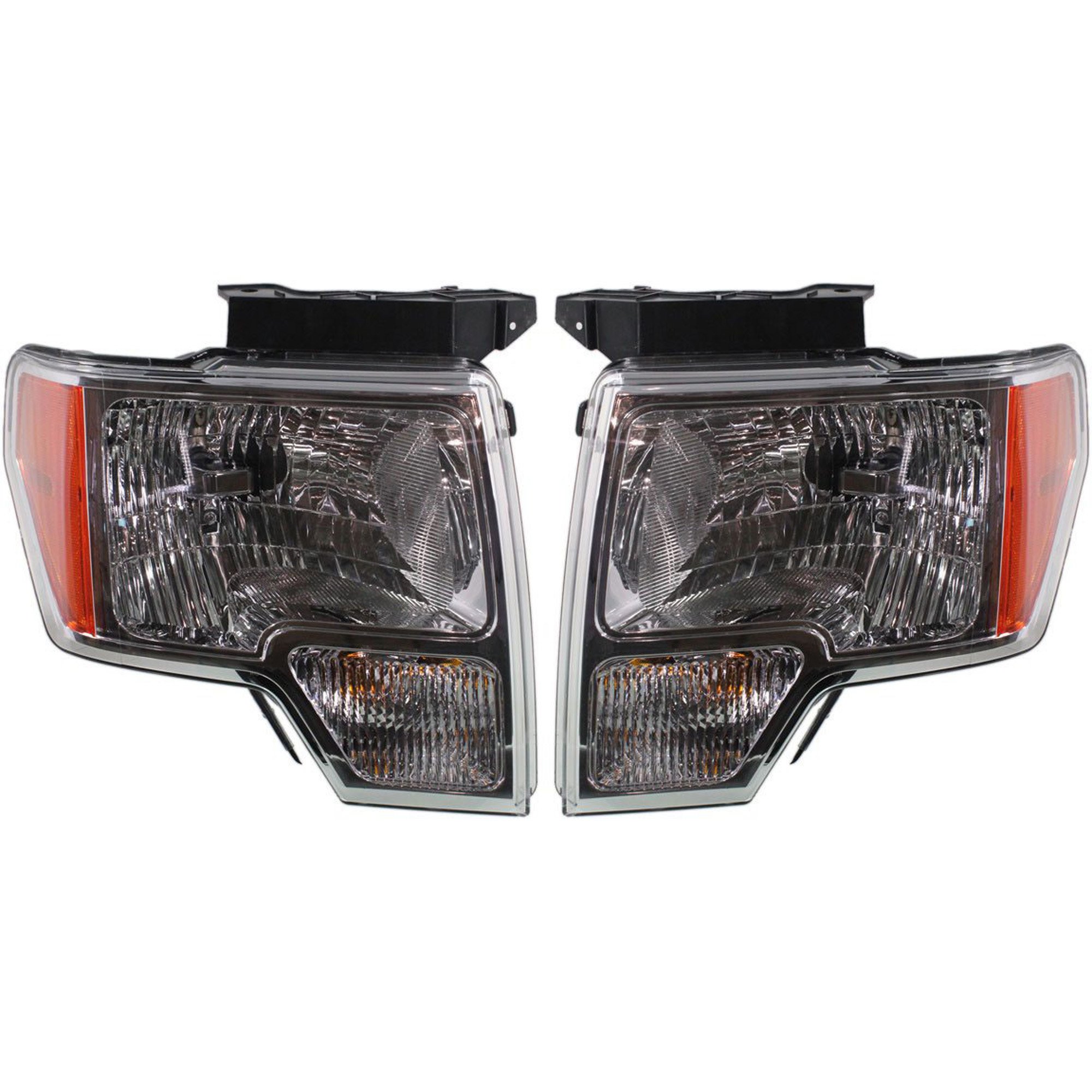 Headlight Assembly Pair/Set for Ford F-150 2009-2014, Right (Passenger) and Left (Driver) Side, Halogen, with Chrome Trim, Replacement