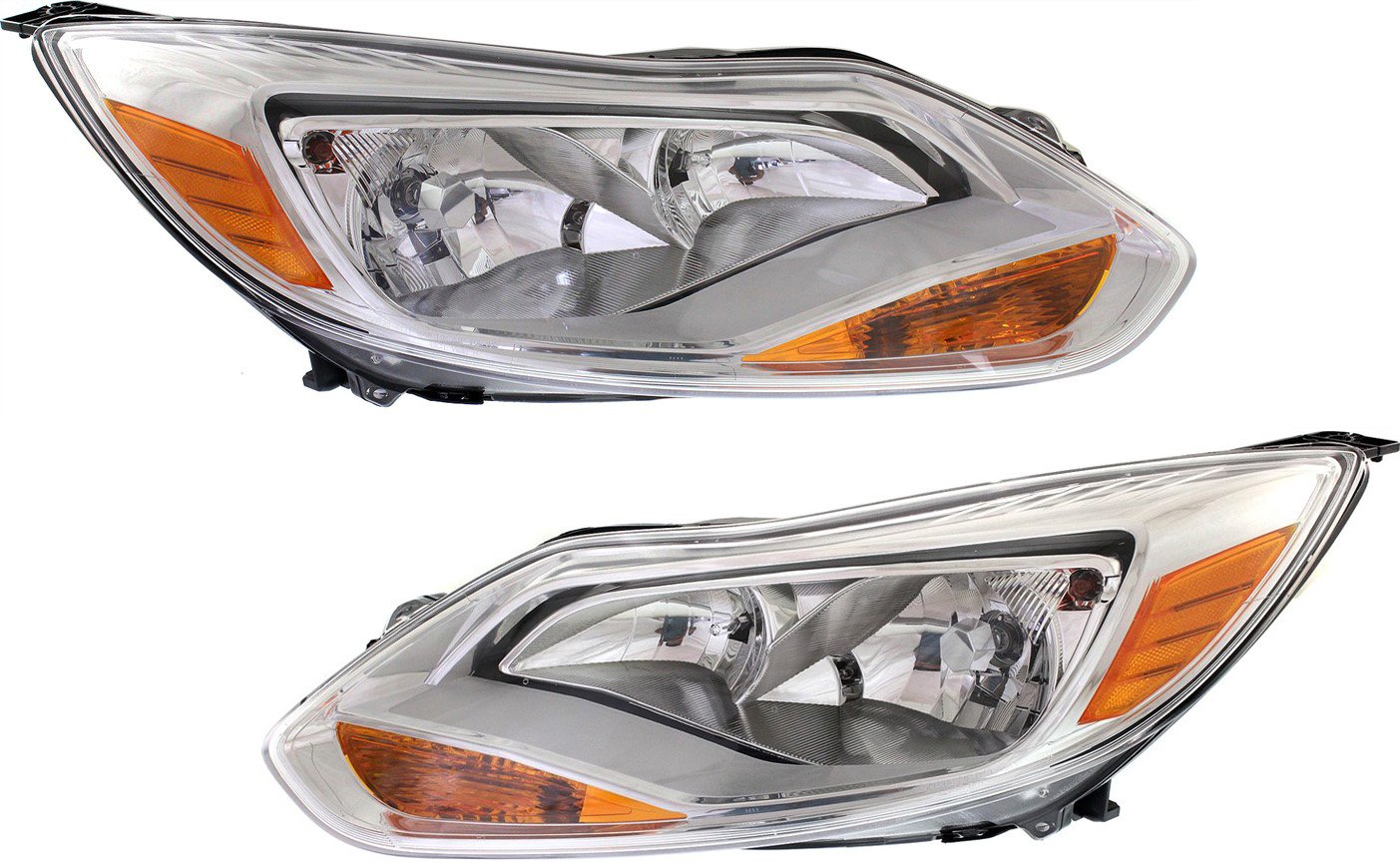 Pair/Set - Headlight Assembly for Ford Focus 2012-2014, Right (Passenger) and Left (Driver), Halogen, S/SE/SEL Models, Hatchback/Sedan, Replacement