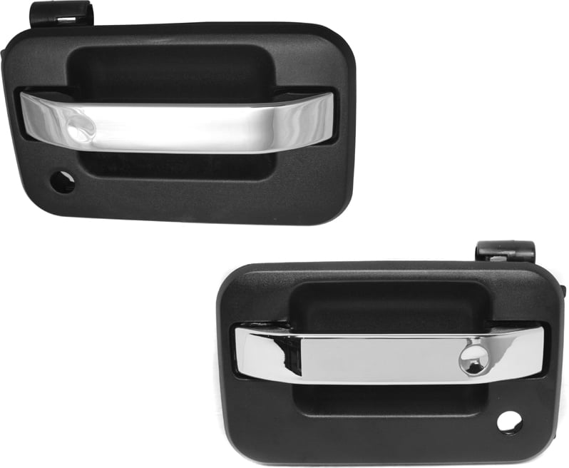 Front Exterior Door Handle Pair/Set for Ford F-150 2004-2022/Mark LT 2006-2008, Right (Passenger) and Left (Driver), Chrome Lever with Textured Black Housing, Keyhole, Plastic Connector, No Keypad Hole for Left (Driver), Replacement