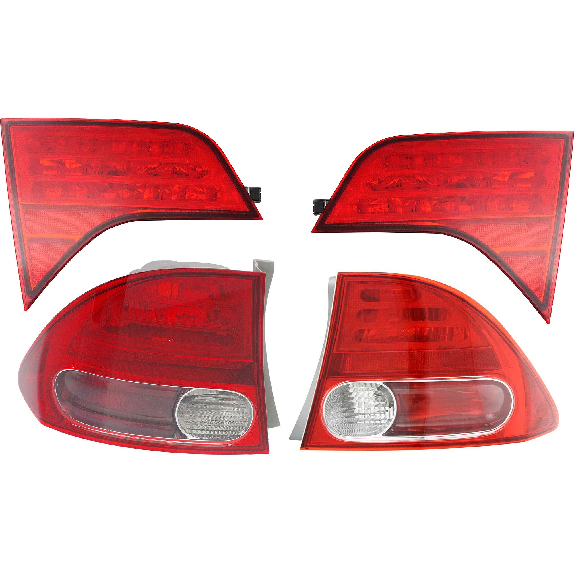 Tail Light Pair/Set for 2006-2008 Honda Civic Sedan, Inner and Outer, Right (Passenger) and Left (Driver), Lens and Housing Replacement