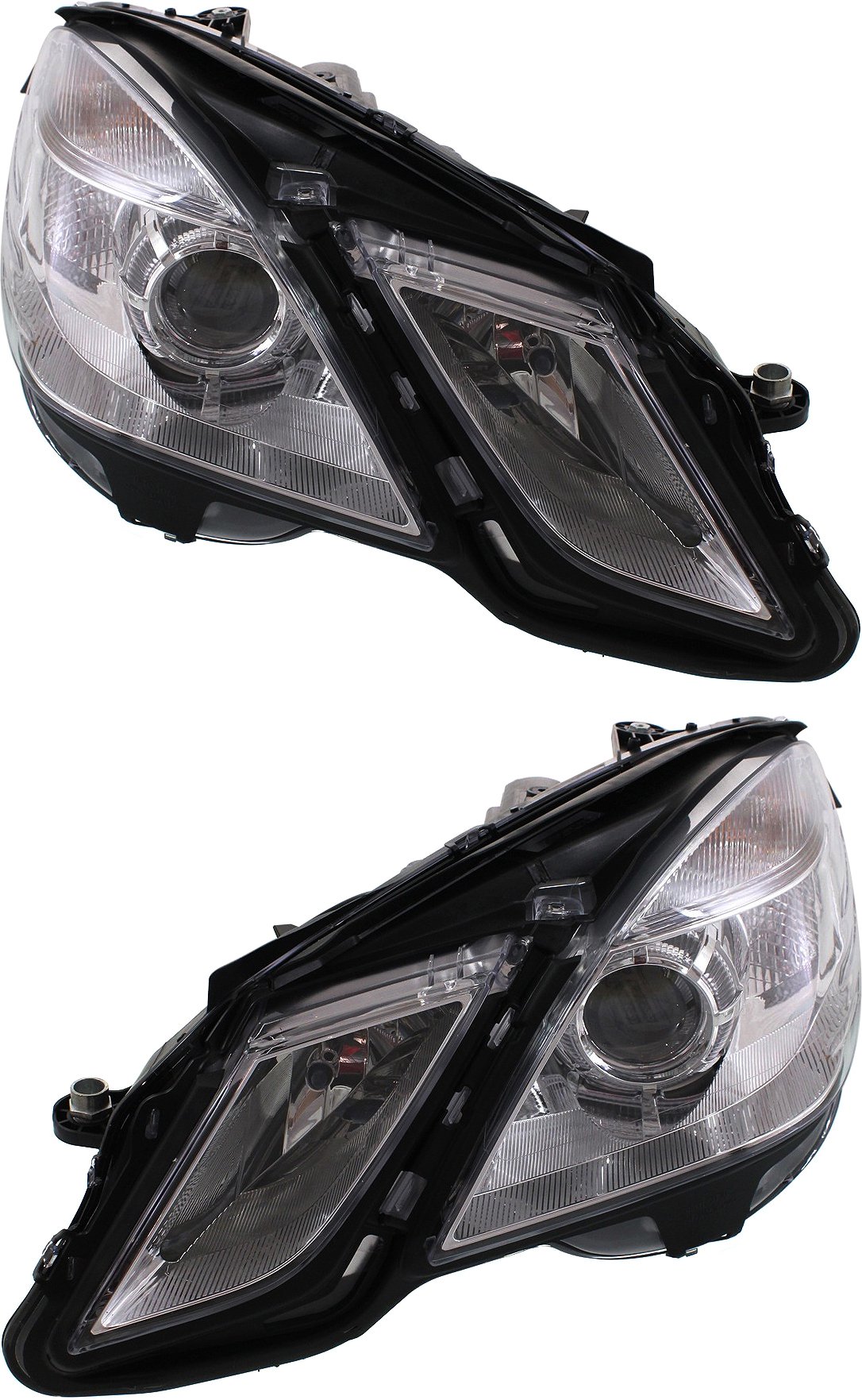 Headlight Assembly Pair/Set for Mercedes Benz E-Class 2010-2013 (W/O Cornering Lights, Sedan/Wagon), Halogen, Right (Passenger) and Left (Driver) Replacement