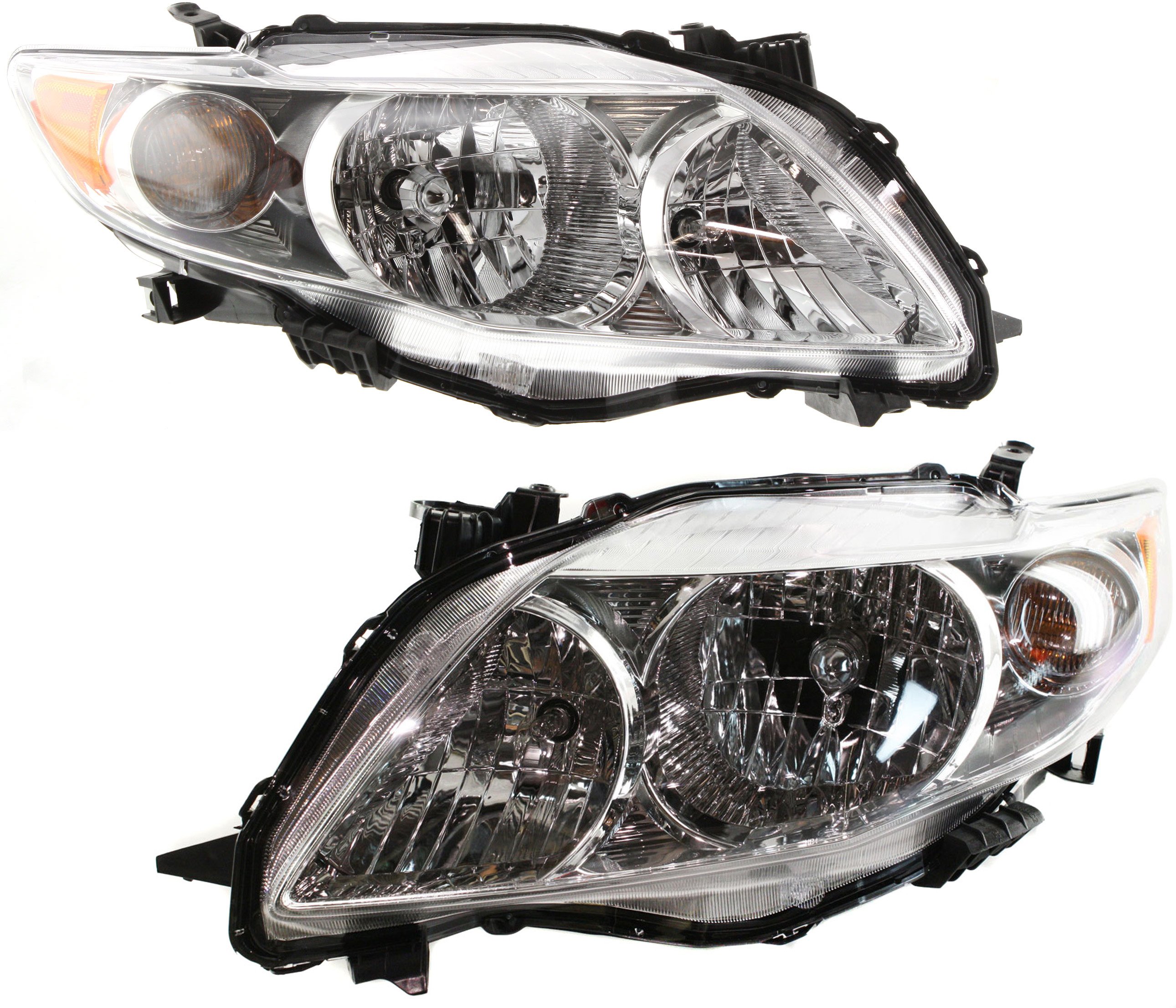 Pair/Set - Headlight Assembly for Toyota Corolla 2009-2010, Right (Passenger) and Left (Driver), Halogen, Chrome Interior, Compatible with Base, CE, LE, XLE Models, North America Built Vehicle, Replacement