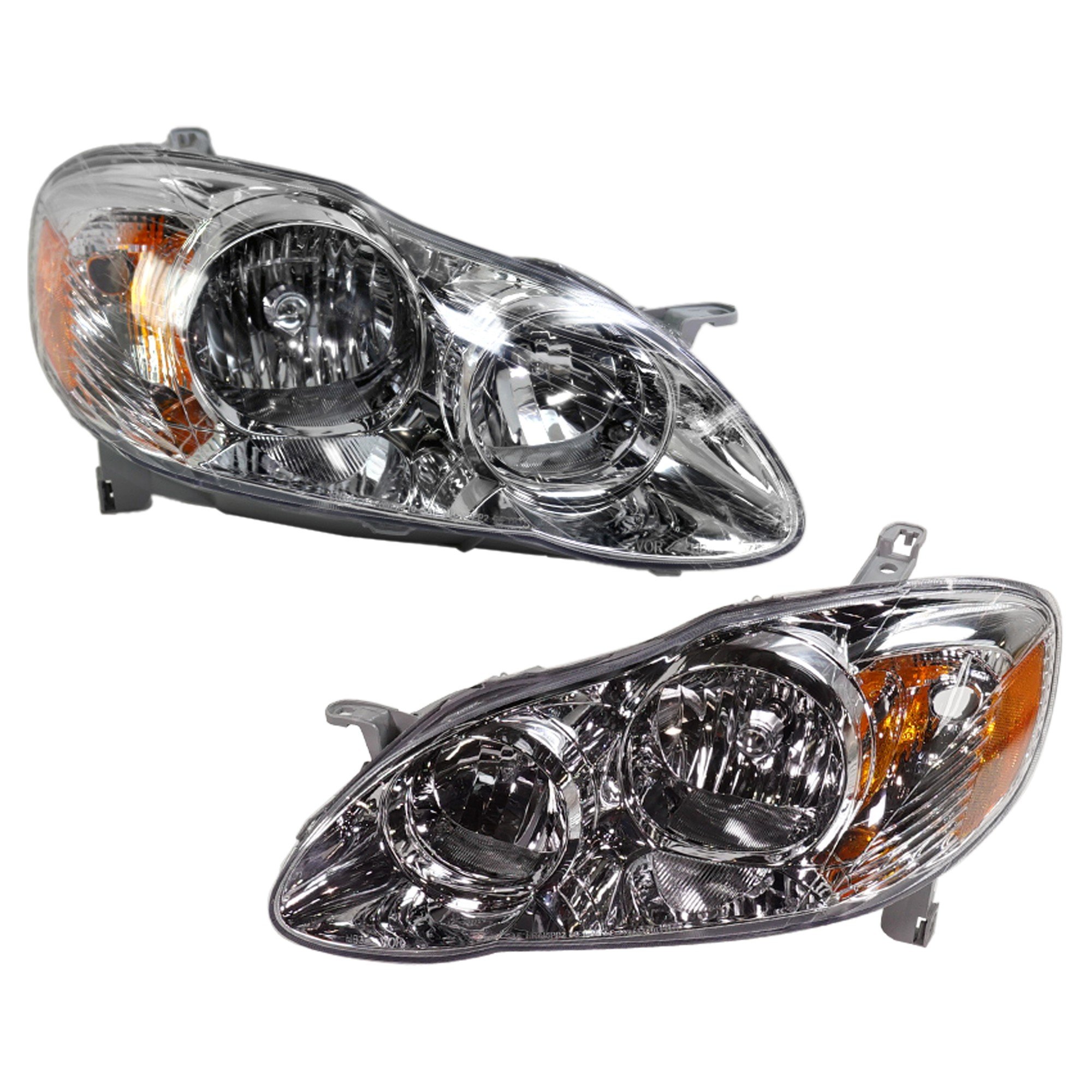 Headlight Assembly Pair/Set for Toyota Corolla CE/LE 2005-2008, Right (Passenger) and Left (Driver), Halogen, Chrome Interior, USA Built Vehicle, Replacement